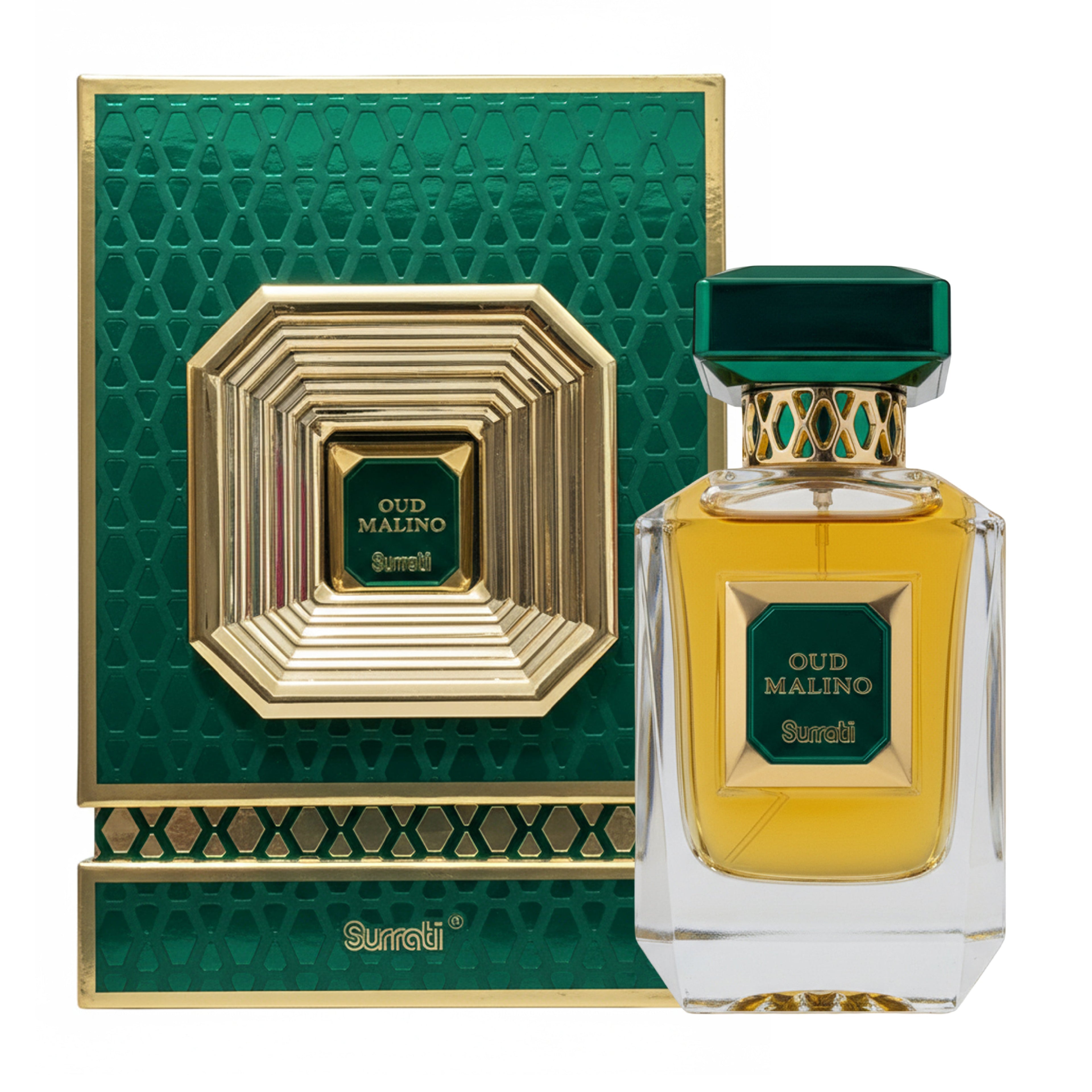 Surreti Oud Malino perfume bottle with a green cap and yellow-amber liquid, shown next to its textured green and gold box packaging on a white background.