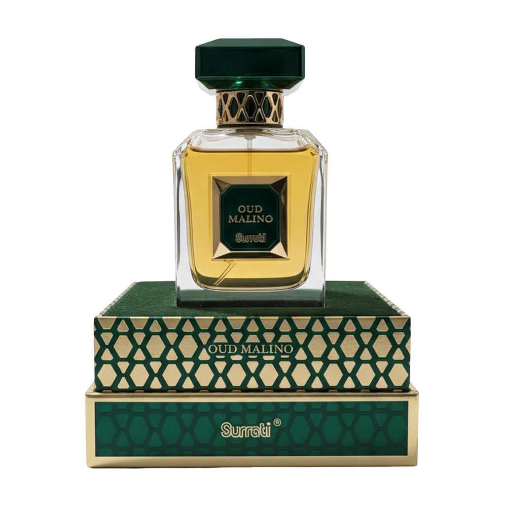 Oud Malino Surali perfume bottle with golden-yellow liquid, a dark green cap, and a matching green and gold patterned box, shown on a white background.