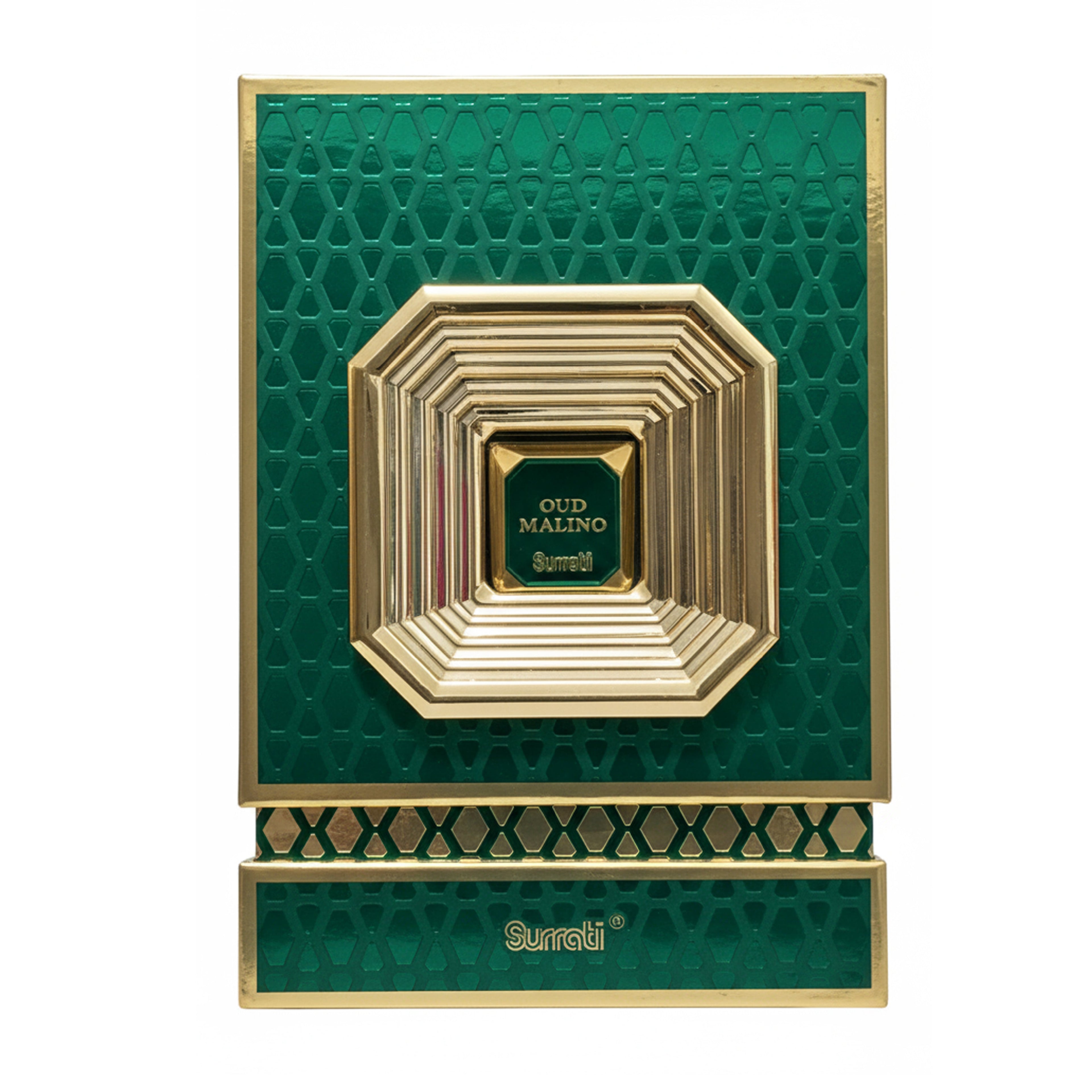 A luxury perfume box by Surati, featuring a deep emerald green textured exterior with gold metallic borders and a central octagonal gold frame surrounding a smaller gold label that reads 'OUD MALINO'.