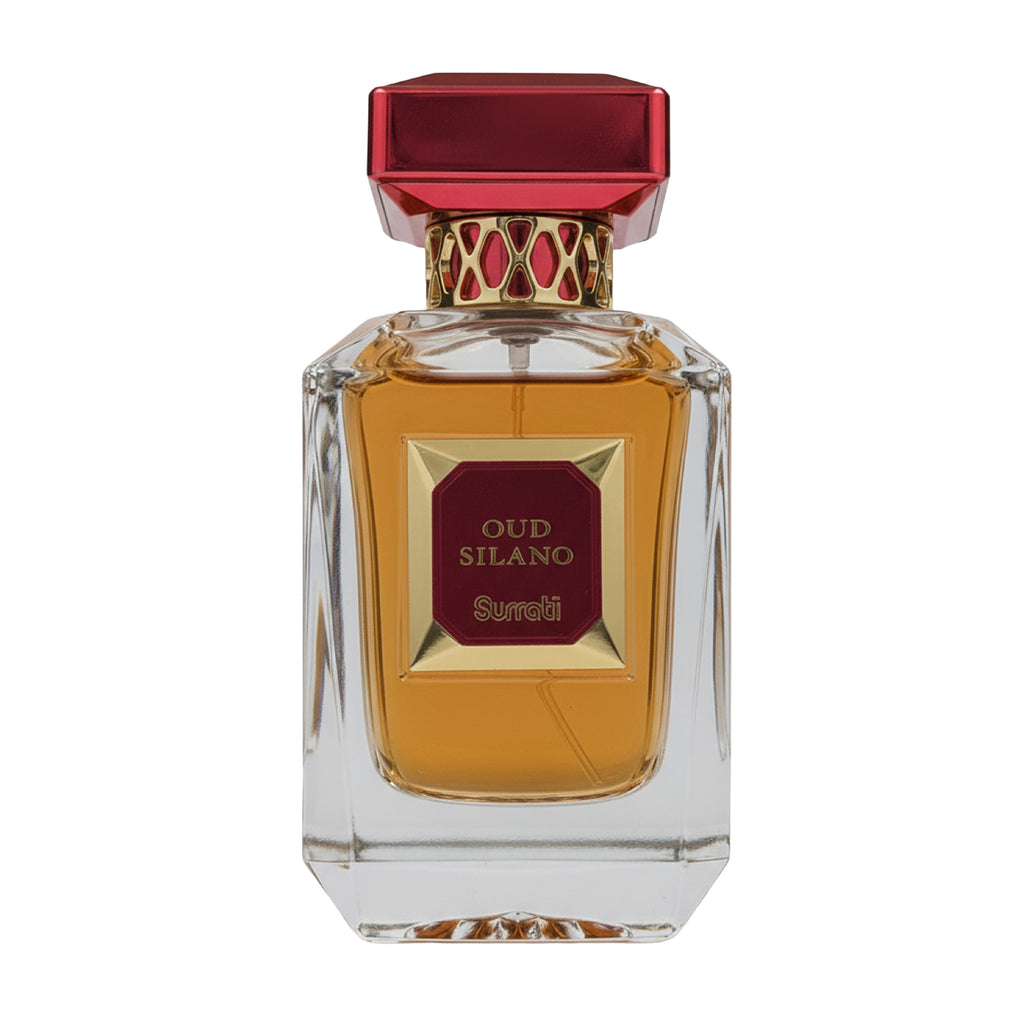 Perfume bottle with red and gold cap on a white background