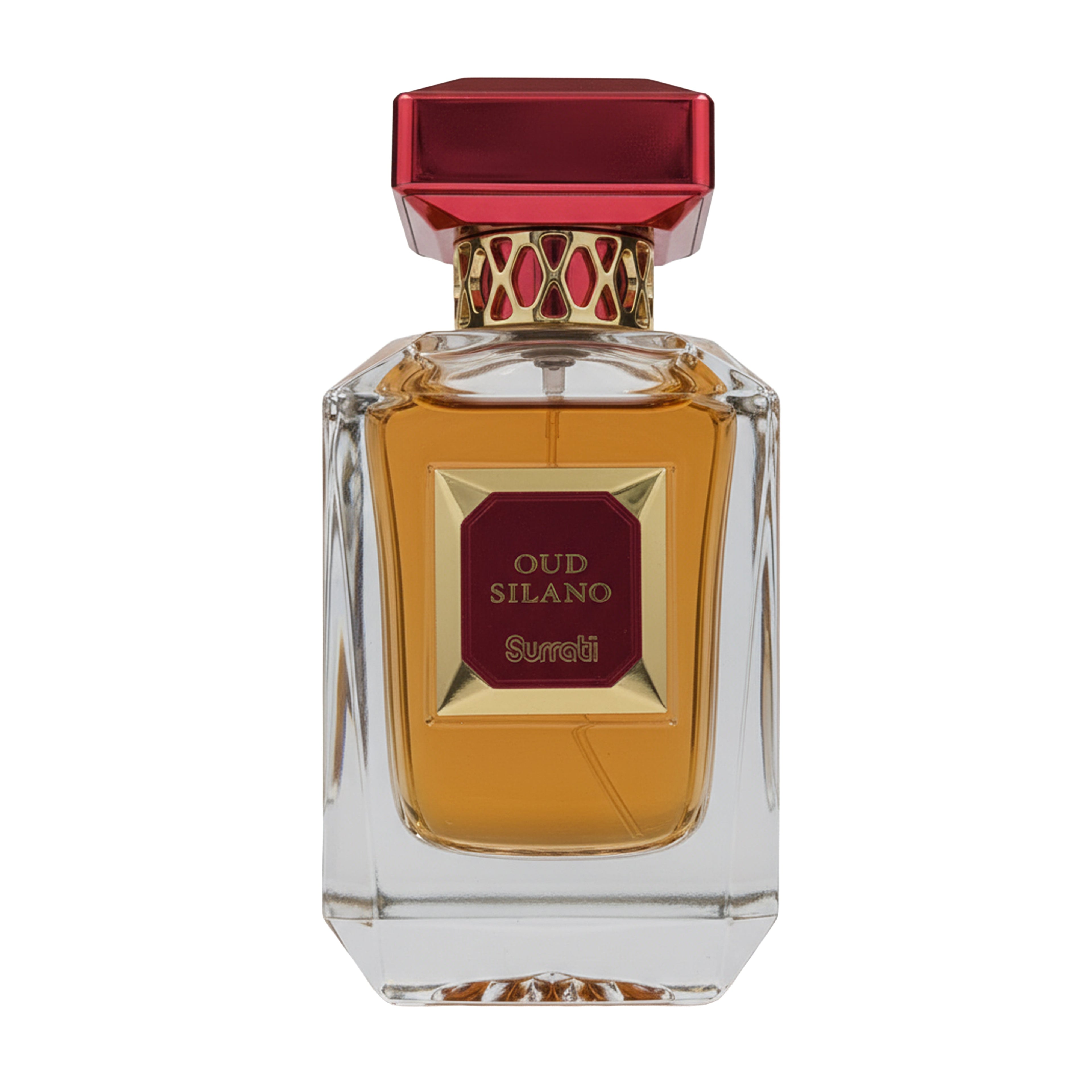 Perfume bottle with red and gold cap on a white background