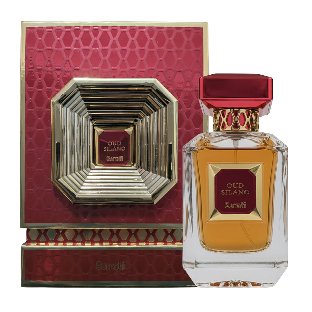 Oud Silano perfume bottle and its matching red and gold box by Surmani, shown on a plain white background.