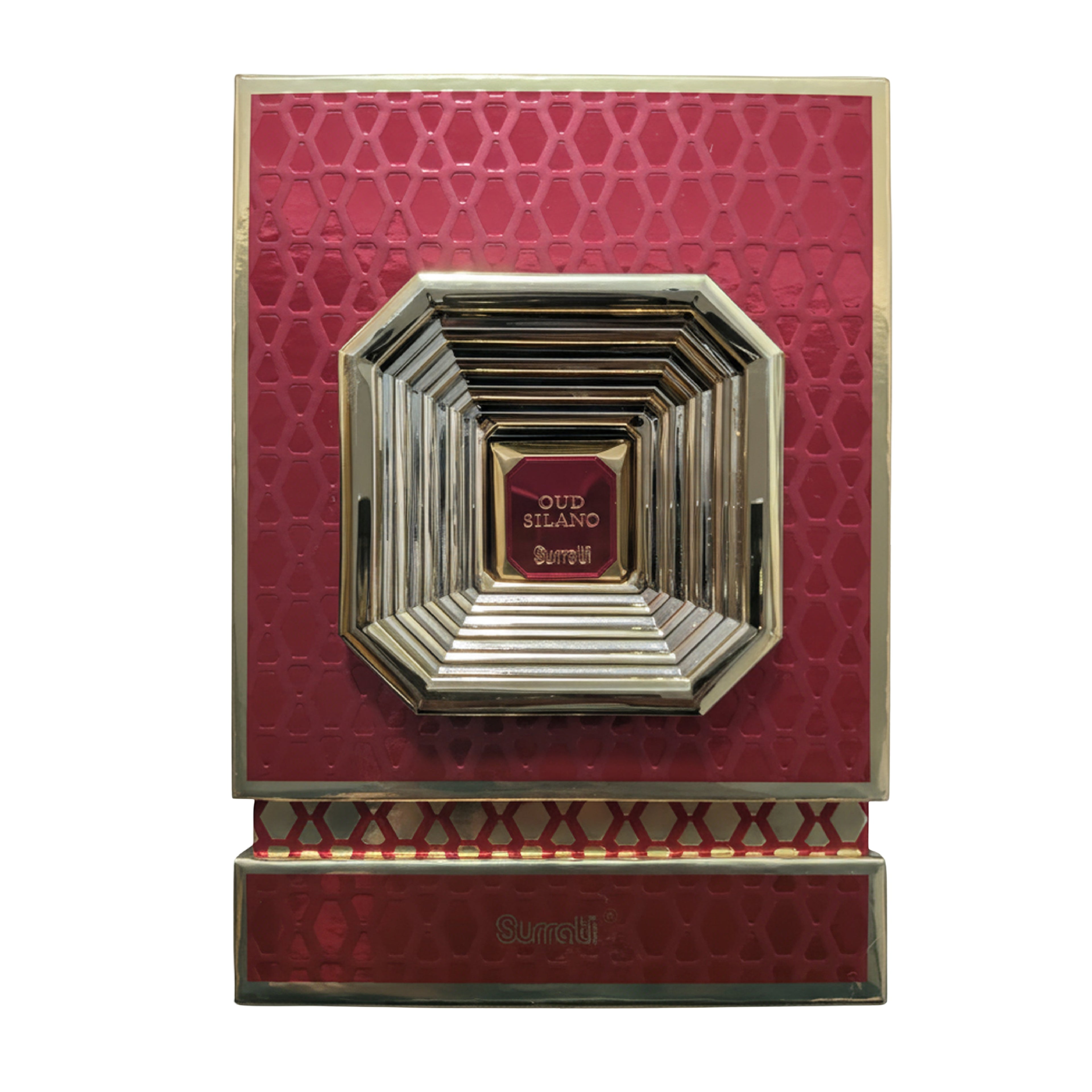 A luxury Oud Silano Butter perfume box by Smalls, featuring a deep red textured honeycomb pattern with gold metallic borders and a central octagonal gold tray.