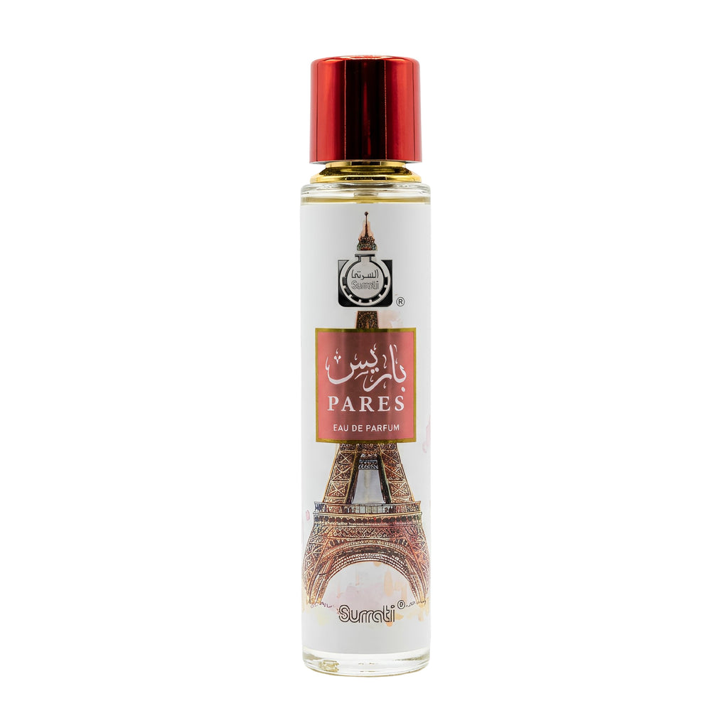 Perfume bottle with Eiffel Tower design on a white background