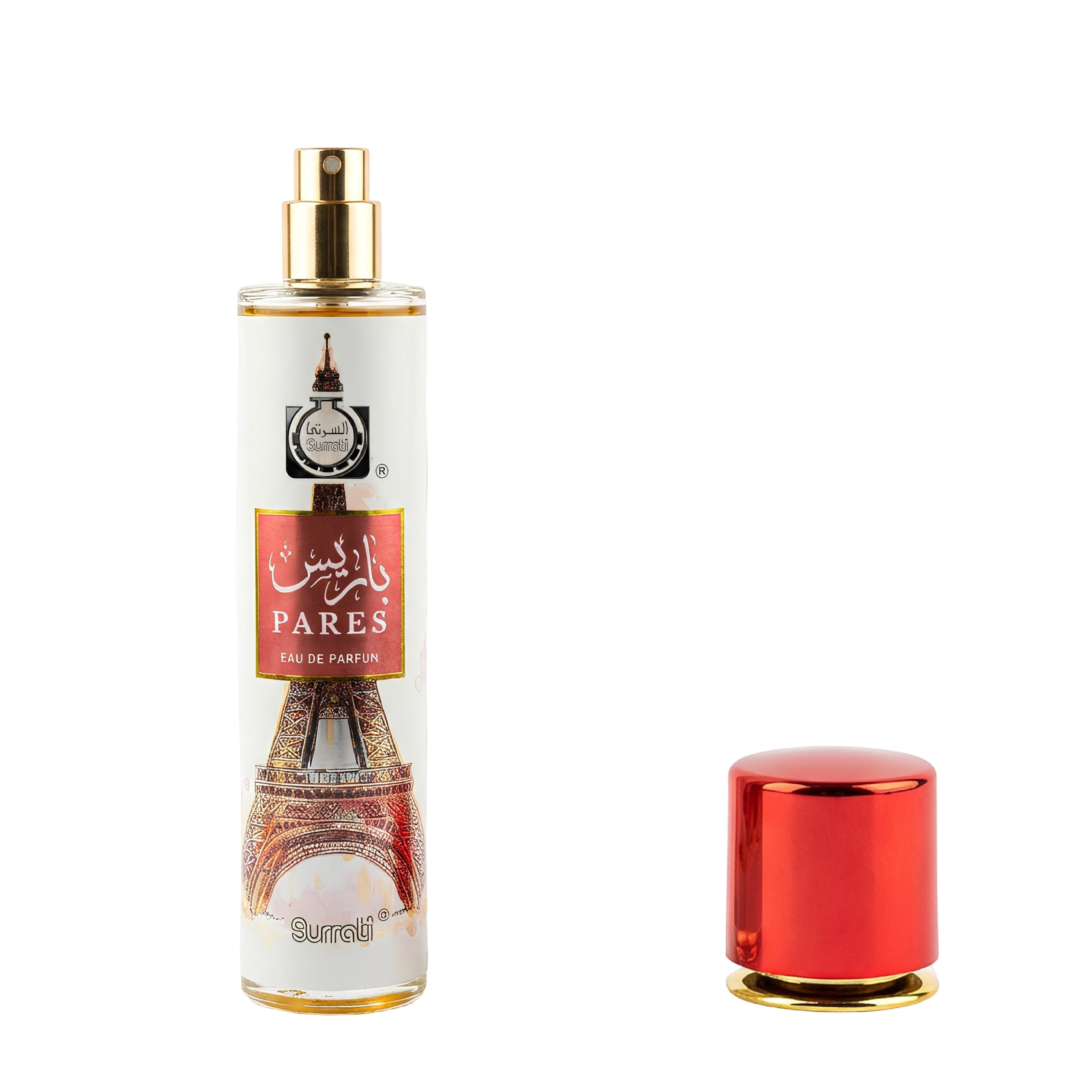 A bottle of Pares Eau de Parfum by Bouregal, featuring a white label with an Eiffel Tower graphic and a red label block, shown next to its detached metallic red cap on a white background.