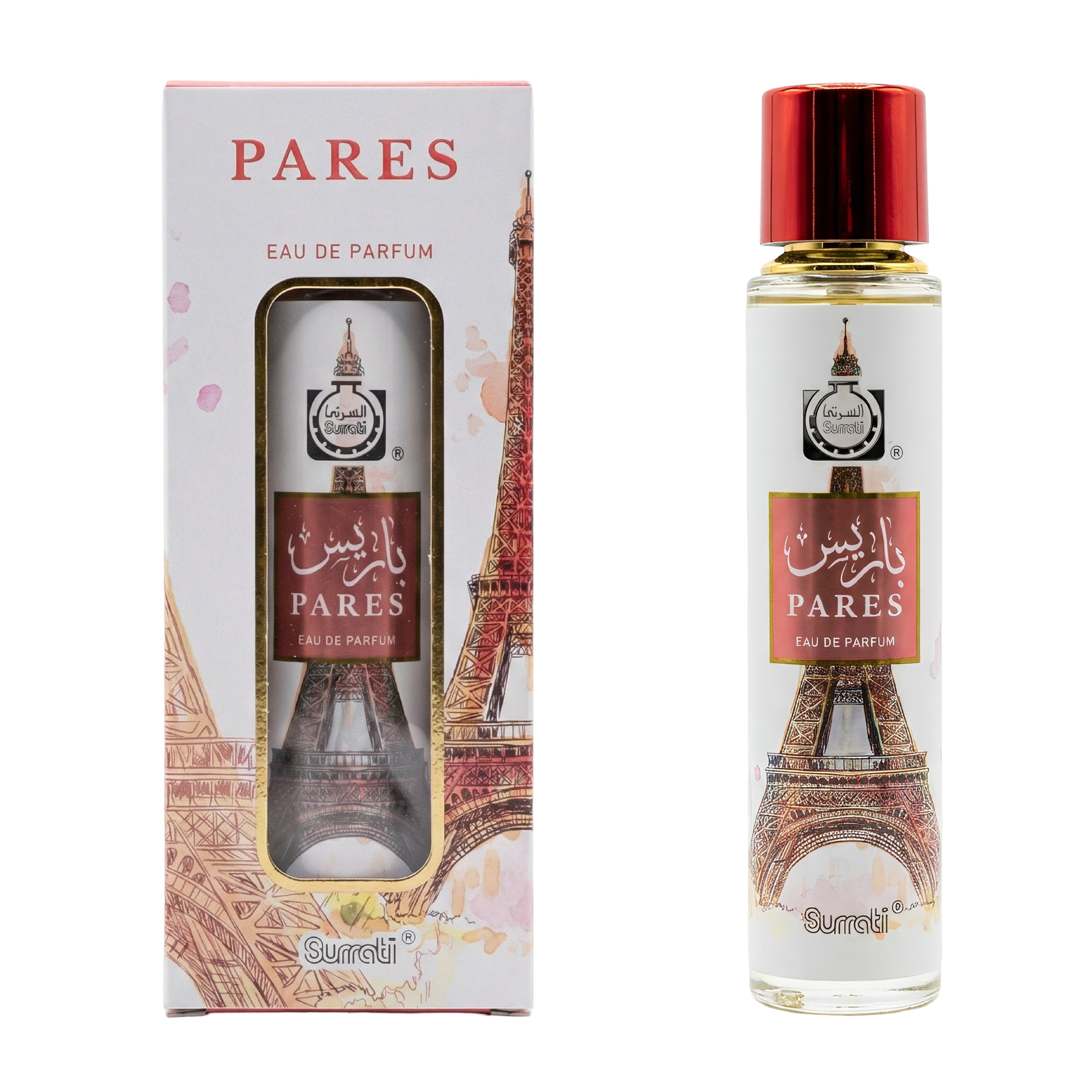 Pares Eiffel Tower Eau de Parfum bottle with a red cap next to its white and pink illustrated packaging box, featuring the Eiffel Tower design and 'Pares' branding.