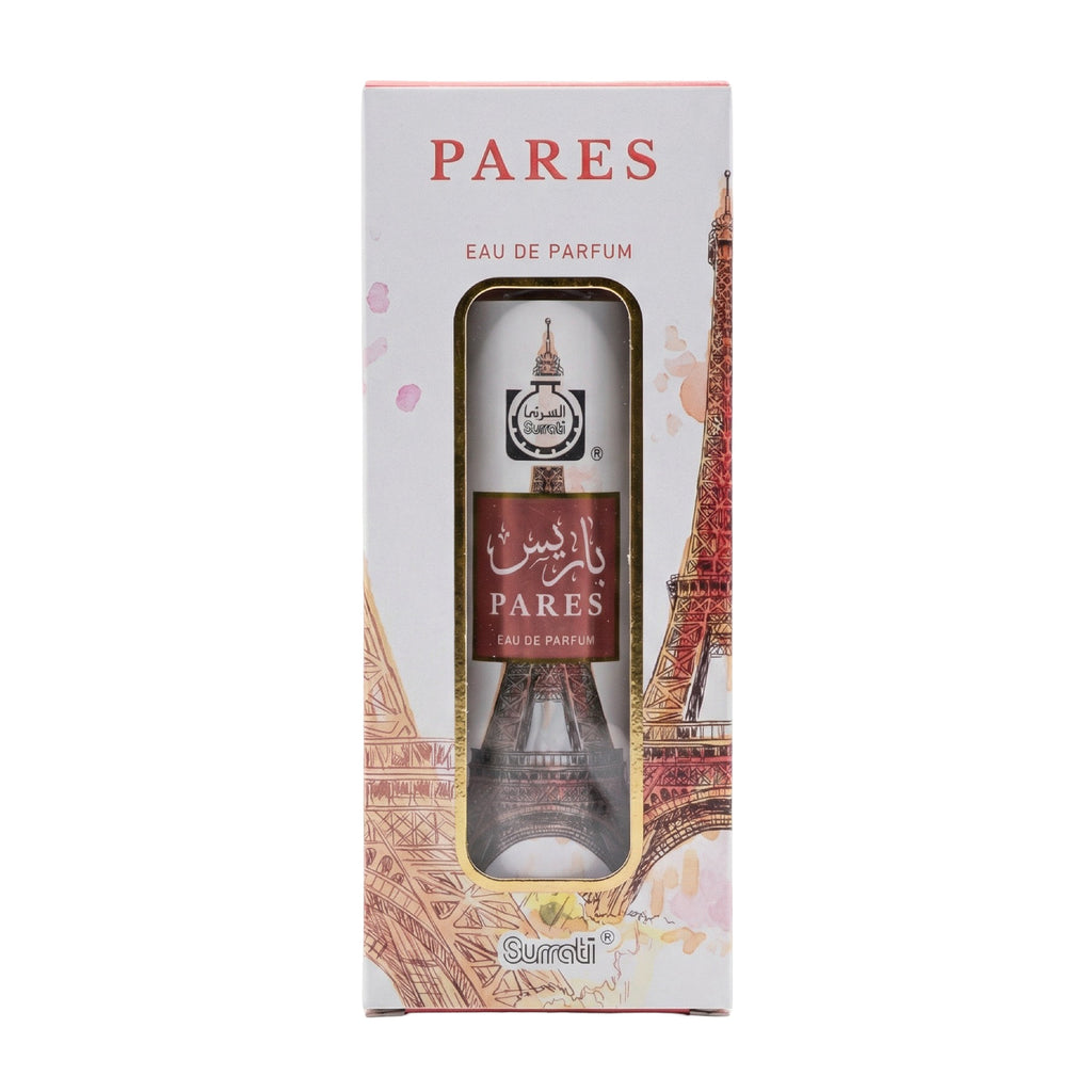Pares Eau de Parfum in its original packaging, featuring a white box decorated with red and gold Eiffel Tower illustrations and a clear window displaying the cylindrical bottle.