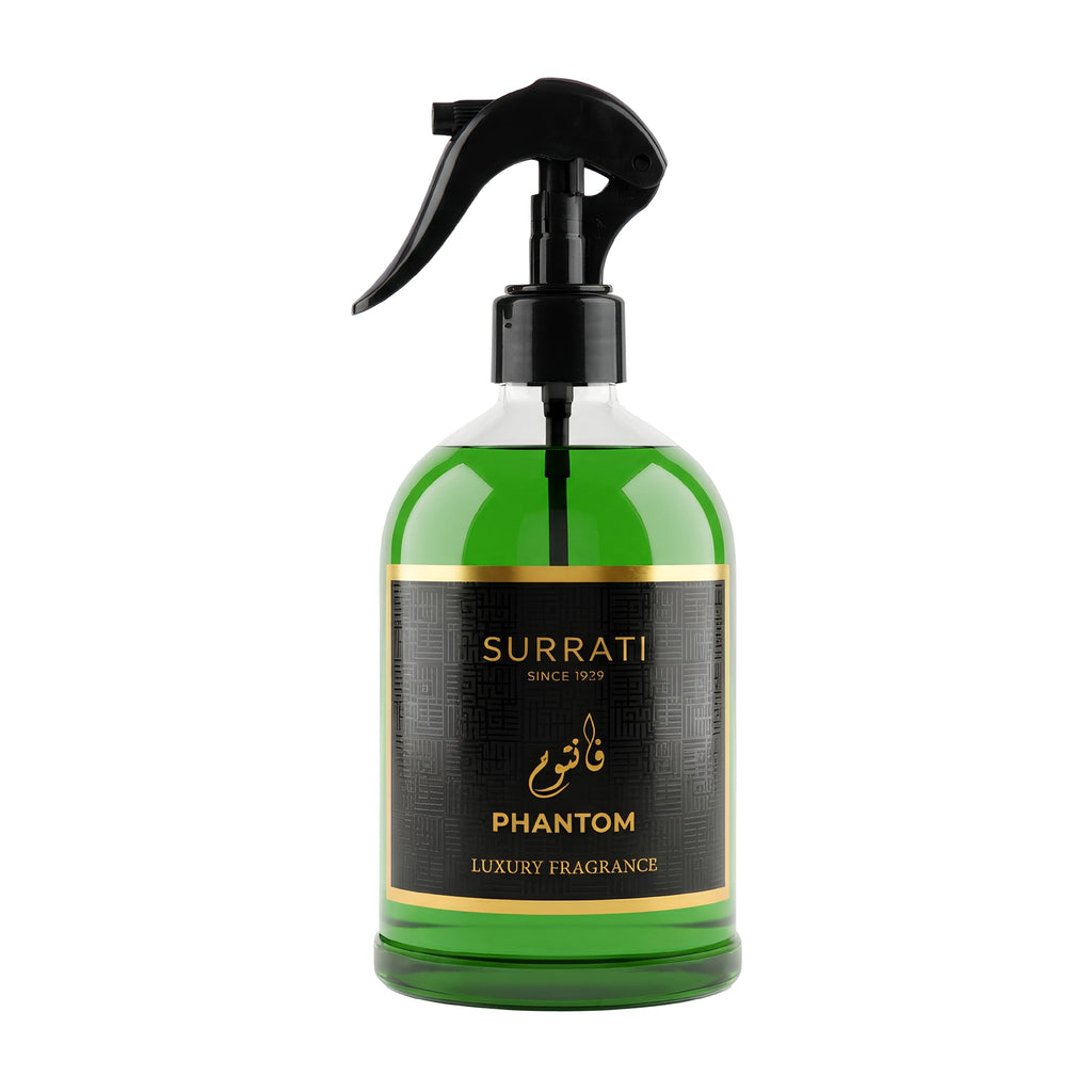 Green spray bottle with black nozzle labeled 'Surrati Phantom' on a white background