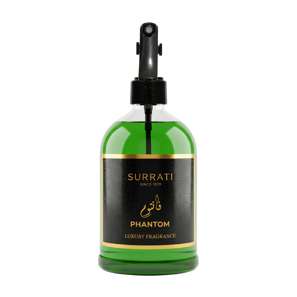 Green Surrati Phantom luxury fragrance bottle with black pump on a white background