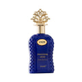 A bottle of Qumari Phantom Oud Extrait De Abd perfume, featuring a deep blue textured bottle with a gold ornate cap and a gold oval label displaying '1929'.