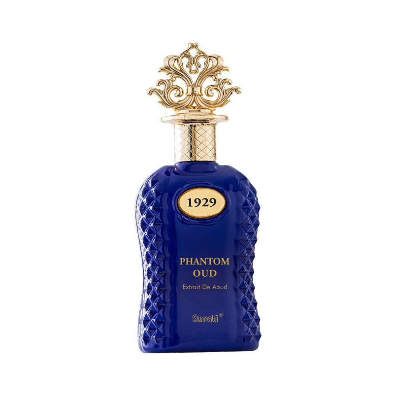 A bottle of Qumari Phantom Oud Extrait De Abd perfume, featuring a deep blue textured bottle with a gold ornate cap and a gold oval label displaying '1929'.