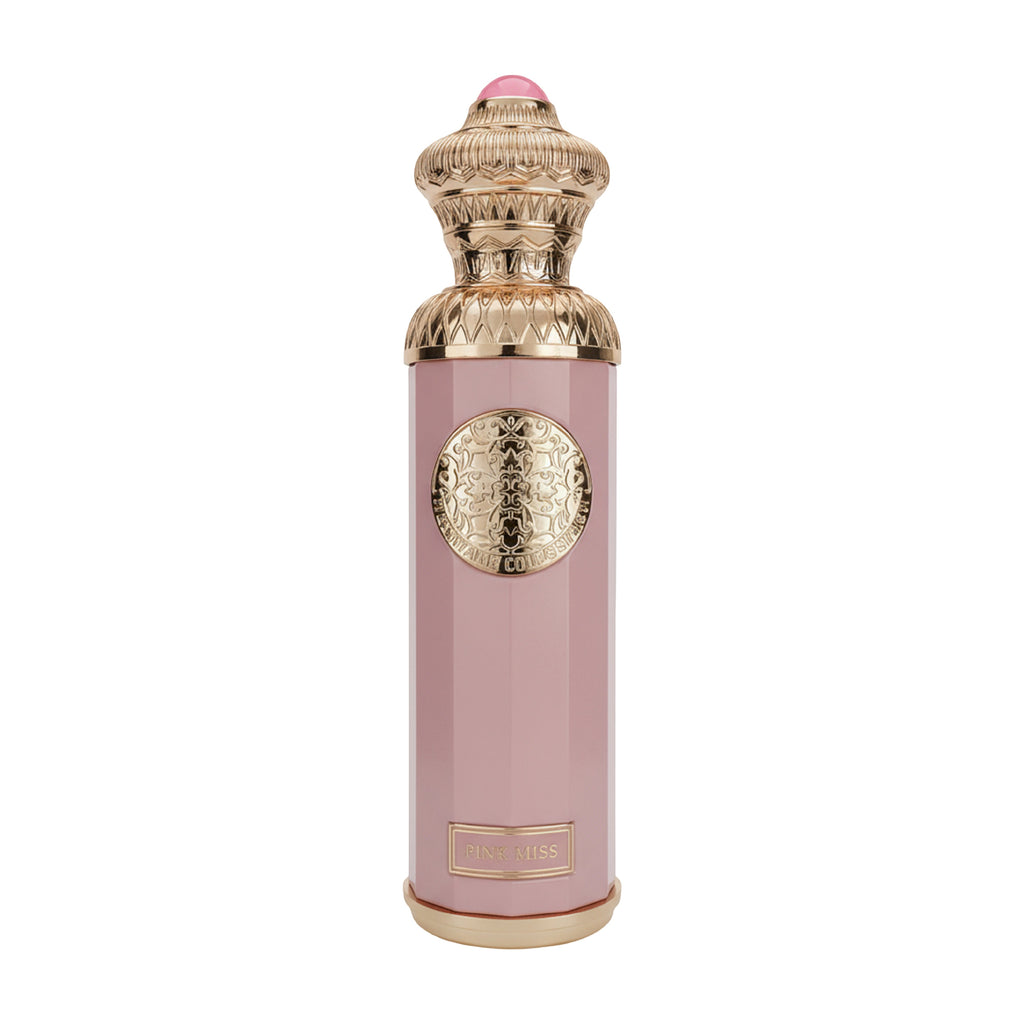 Pink perfume bottle with gold cap and decorative elements on a white background