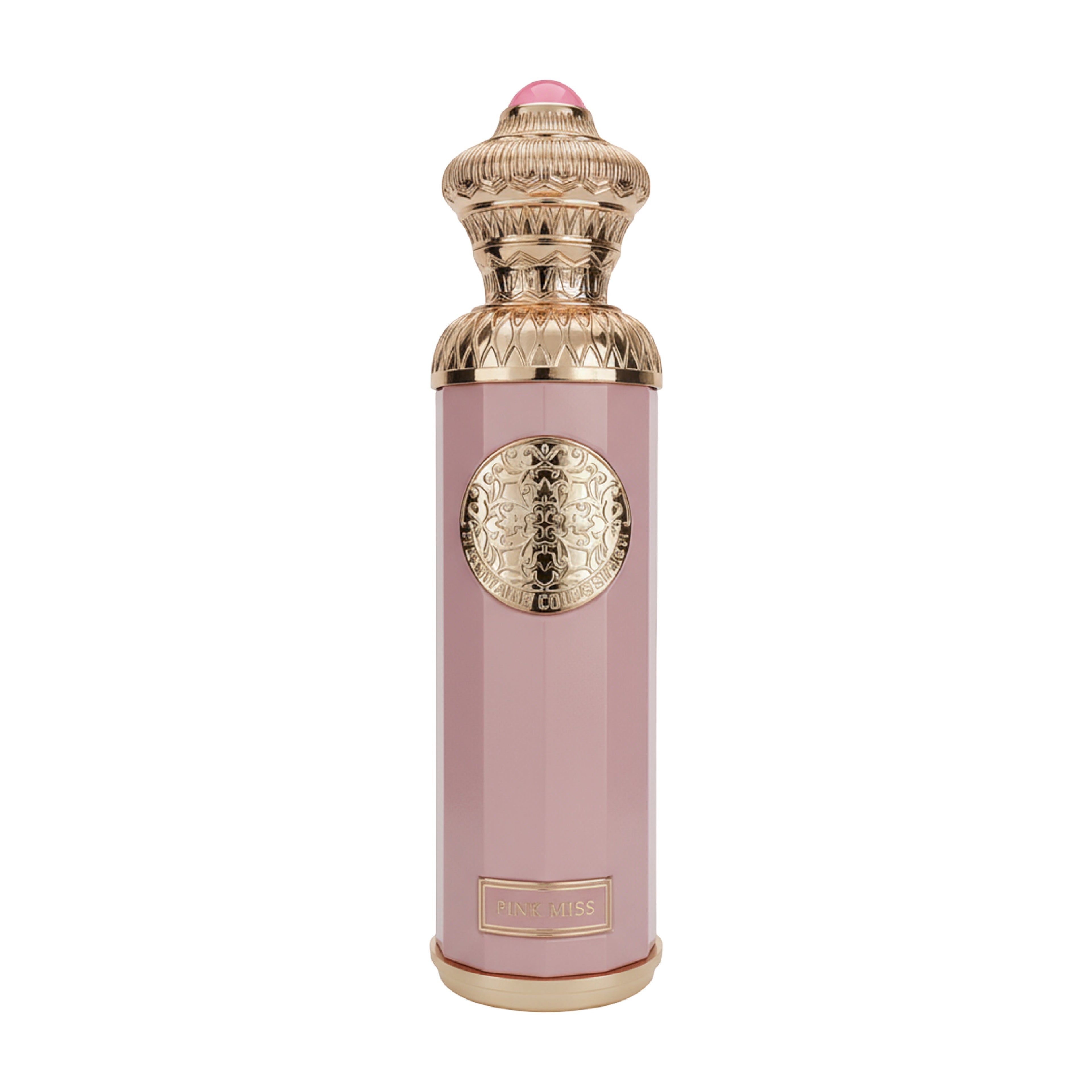 Pink perfume bottle with gold cap and decorative elements on a white background