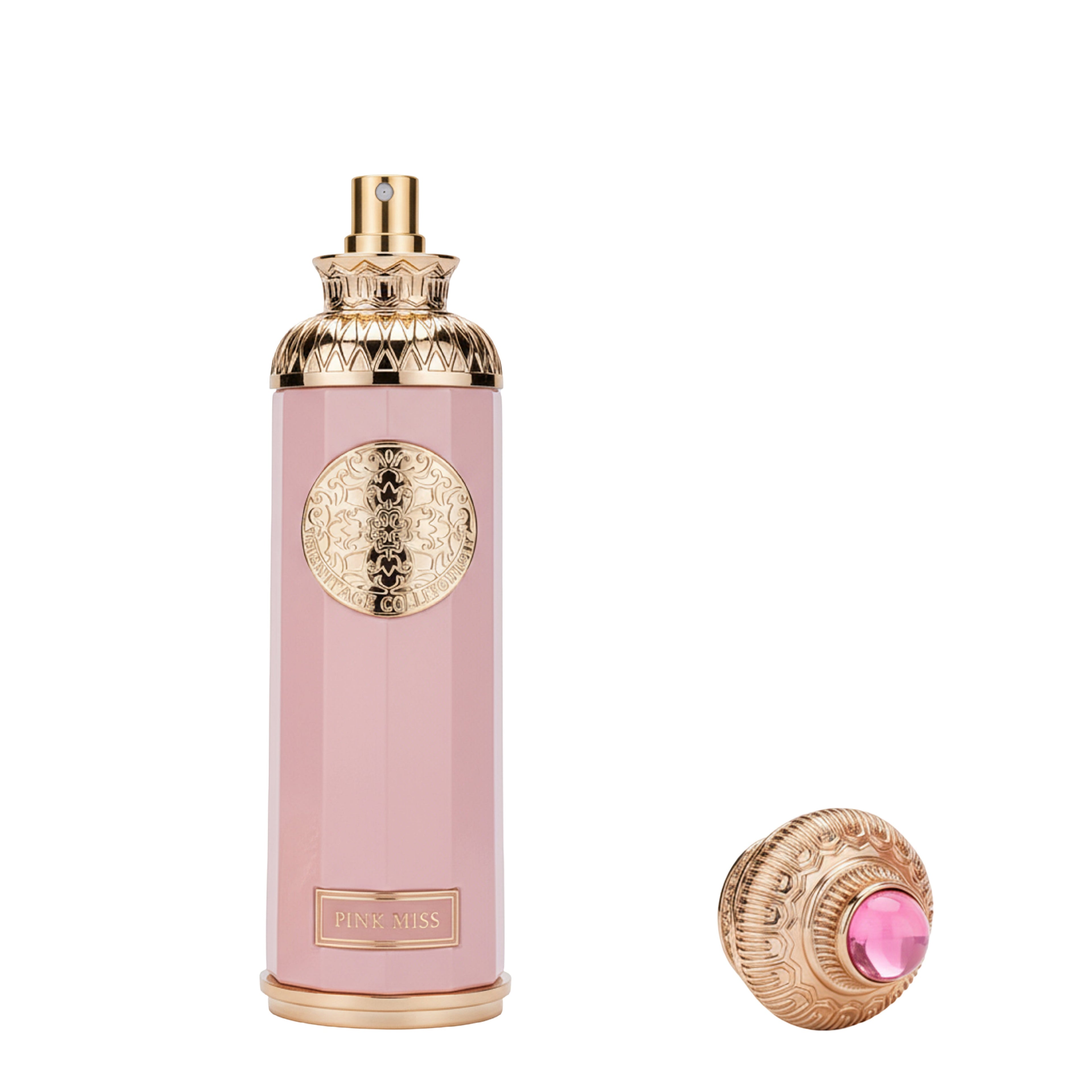 Pink perfume bottle with gold cap and decorative elements on a white background