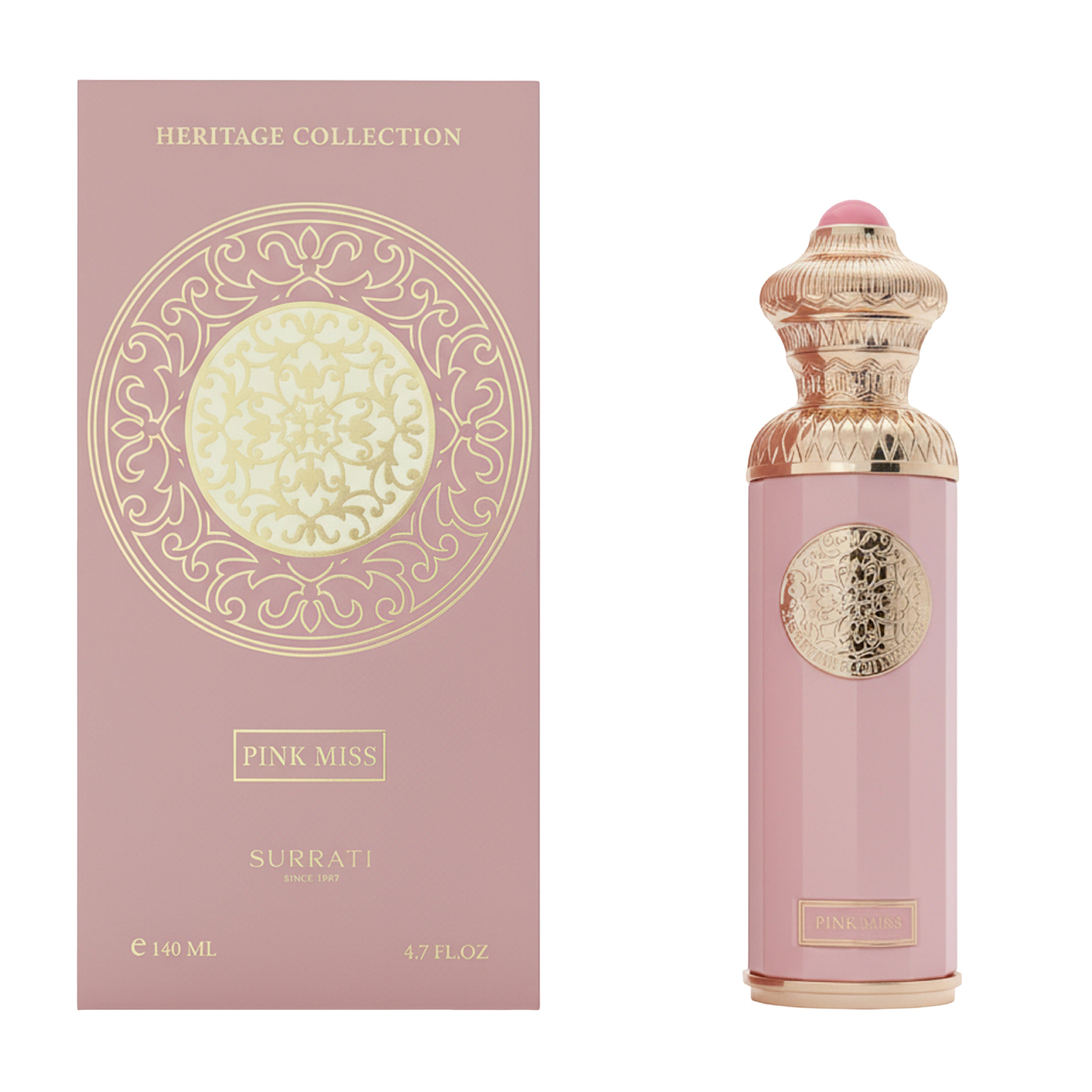 Pink Surrati perfume bottle with decorative packaging on a white background