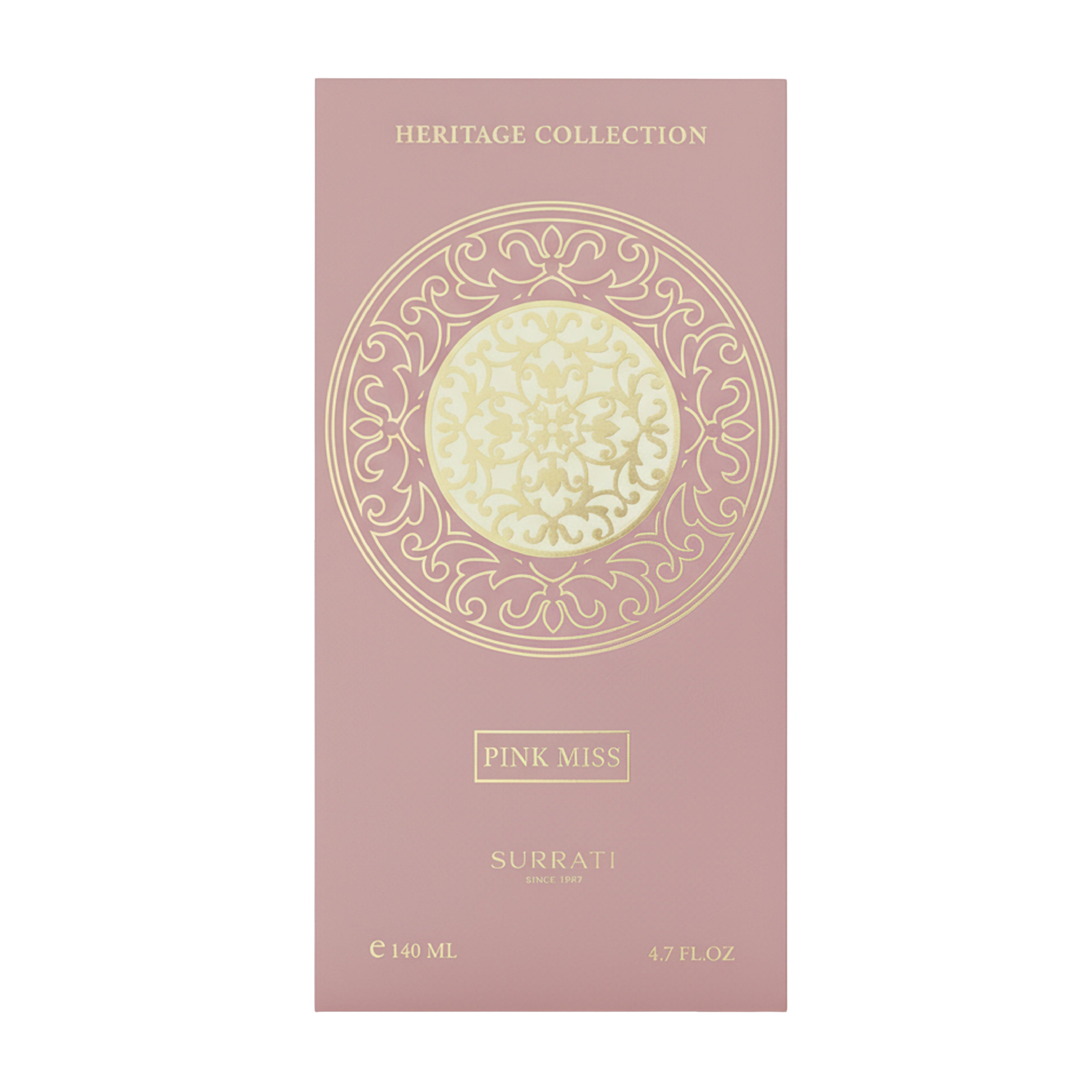 Surrati Pink Miss perfume packaging with intricate design on a pink background
