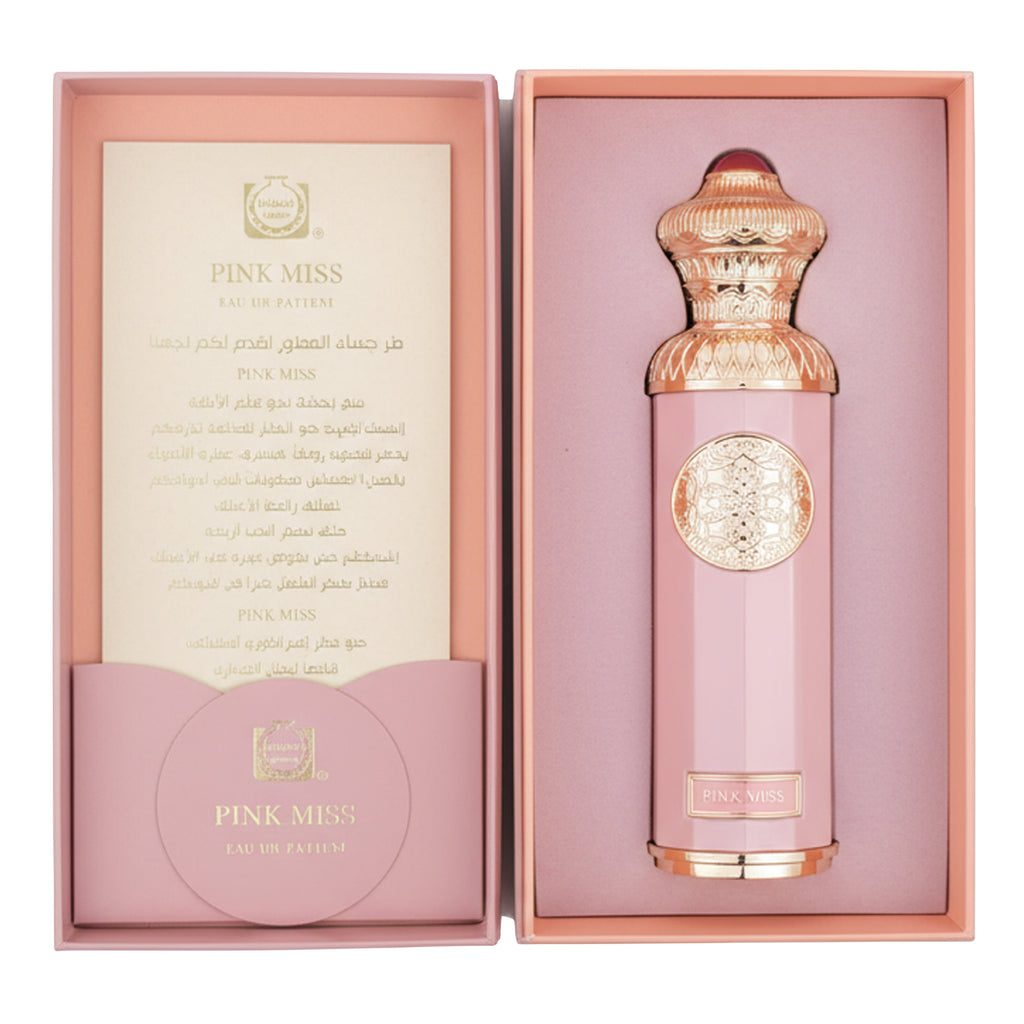Pink Miss perfume bottle in a decorative box with gold accents