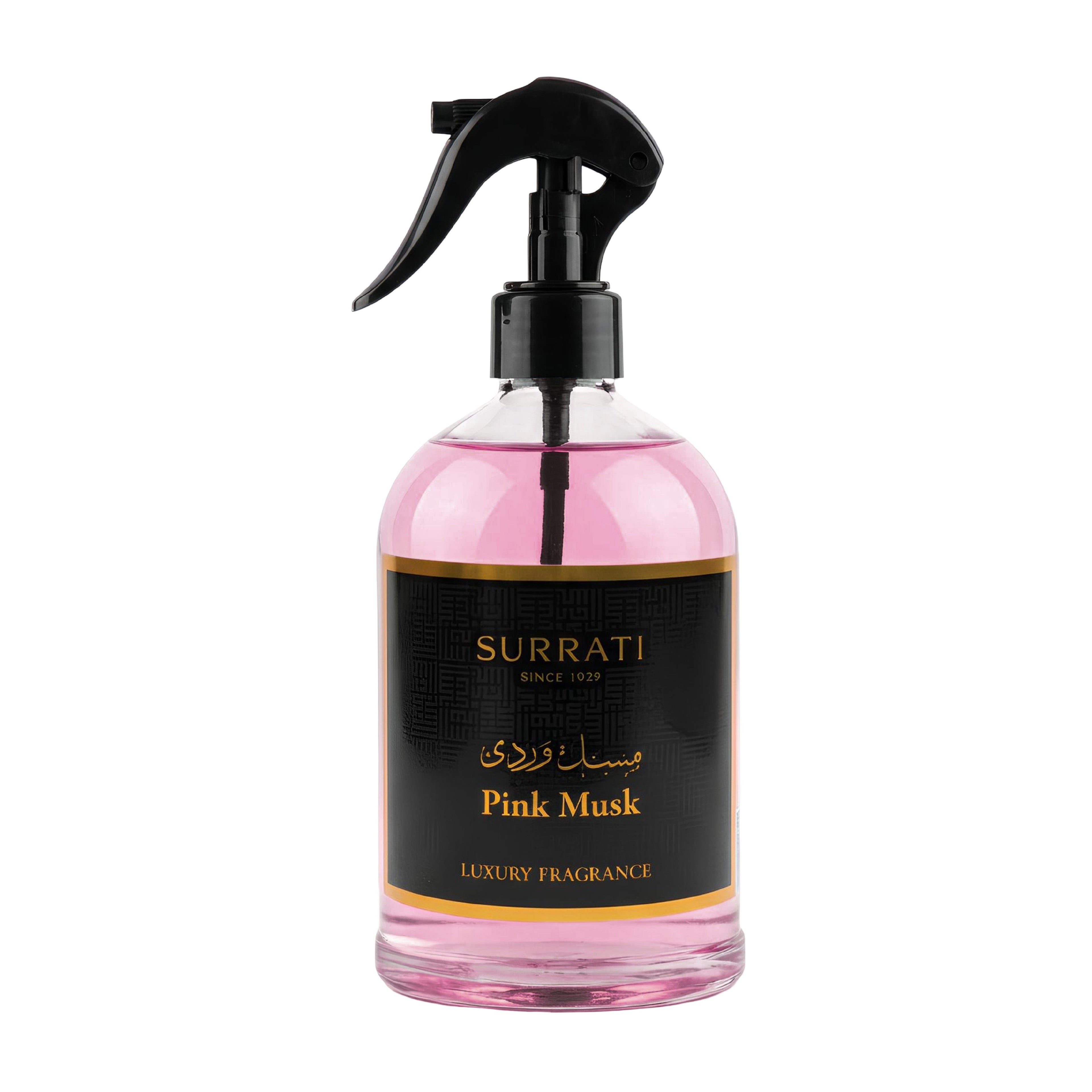Pink Musk fragrance bottle with black spray nozzle on a white background