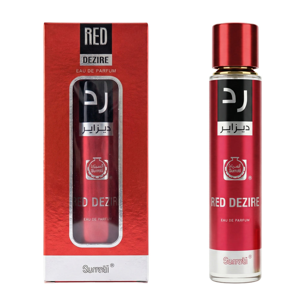 Red Dezire Eau de Parfum bottle and its red packaging box by Surrafi, displayed side-by-side on a white background.