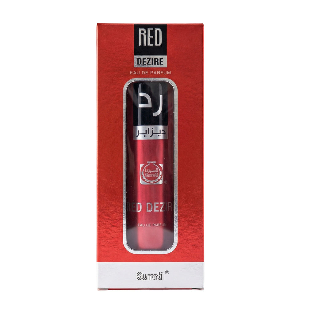 A red rectangular perfume box with a clear window showing a red cylindrical bottle labeled 'RED DEZIRE' and 'Sumrii' at the bottom, photographed on a plain white background.