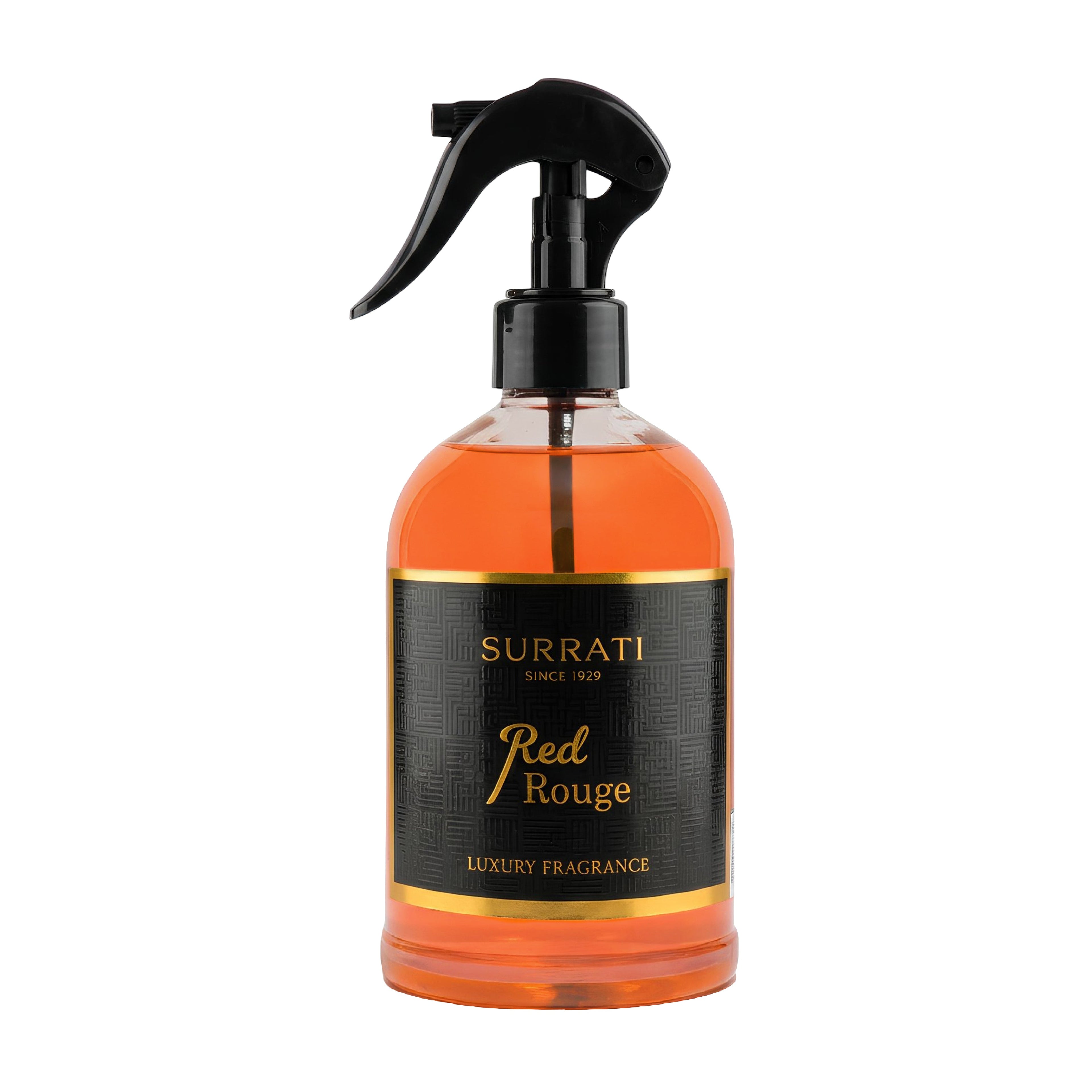 Surrati Red Rouge luxury fragrance bottle with black and gold label on a white background