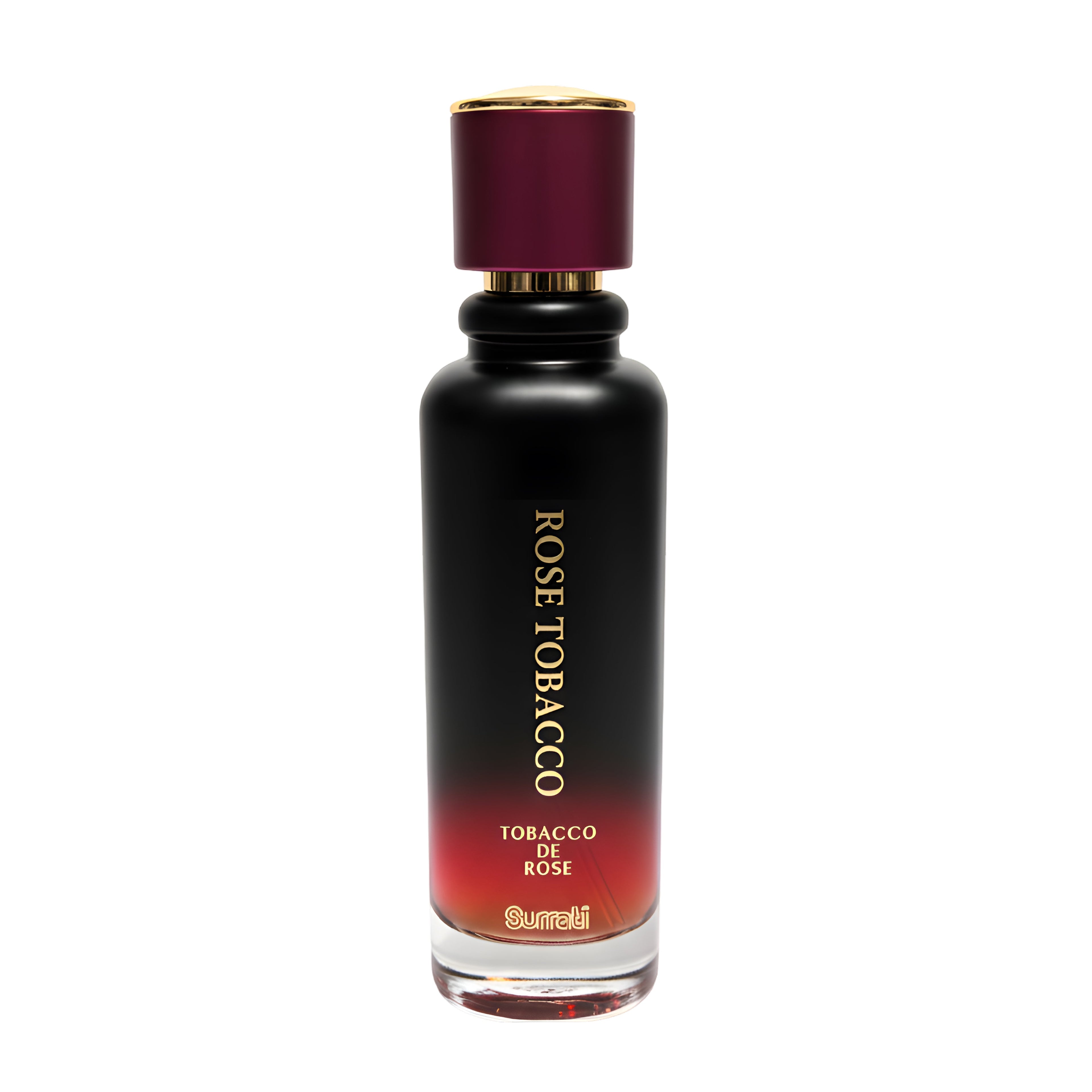 Rose Tobacco perfume bottle with black and red design on a white background