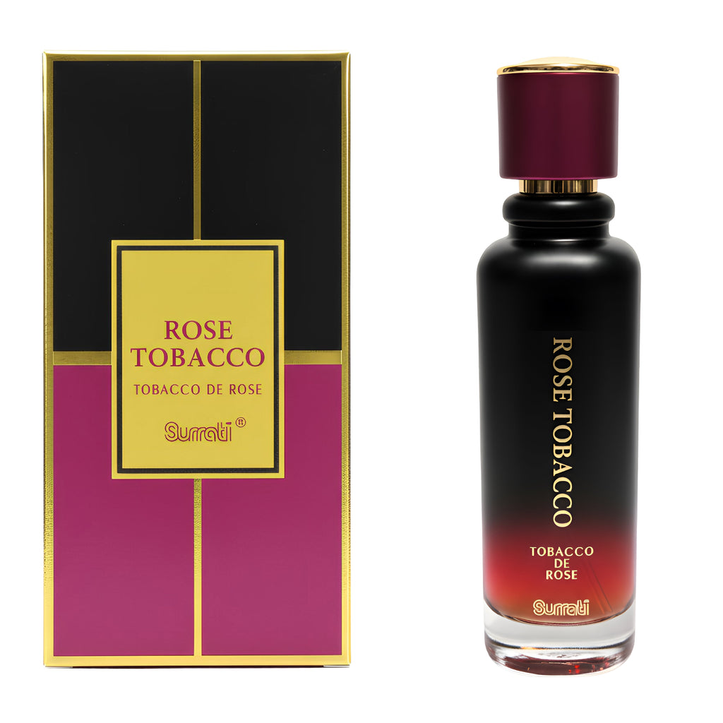 Rose Tobacco perfume bottle and packaging on a white background