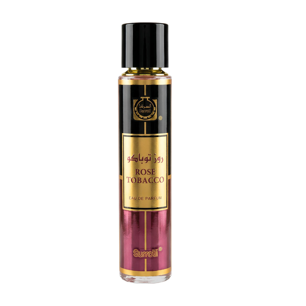 Perfume bottle labeled 'Rose Tobacco' by Surali on a white background