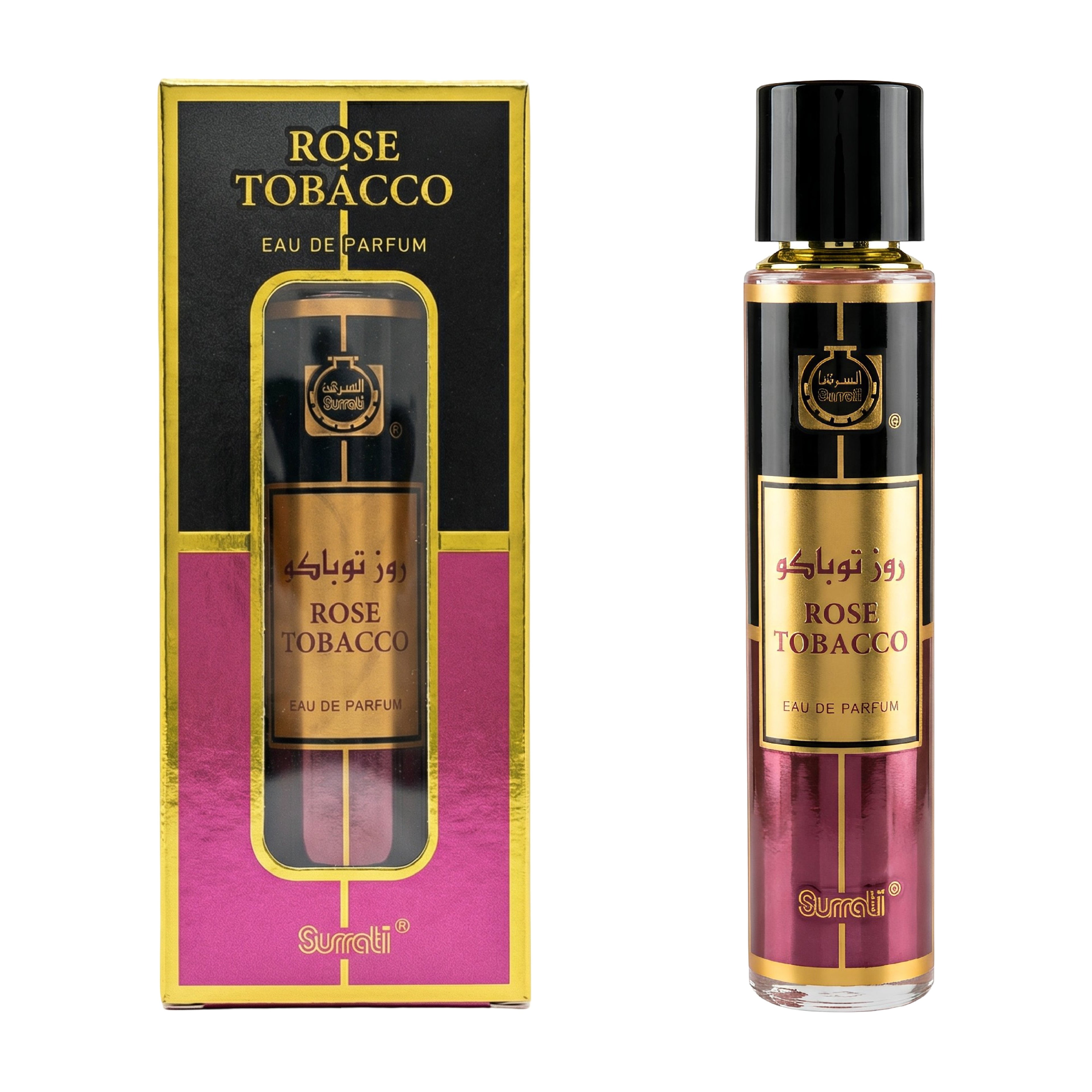 Suriati Rose Tobacco Eau de Parfum bottle and its retail packaging box, featuring a black and gold design with a pink lower section.