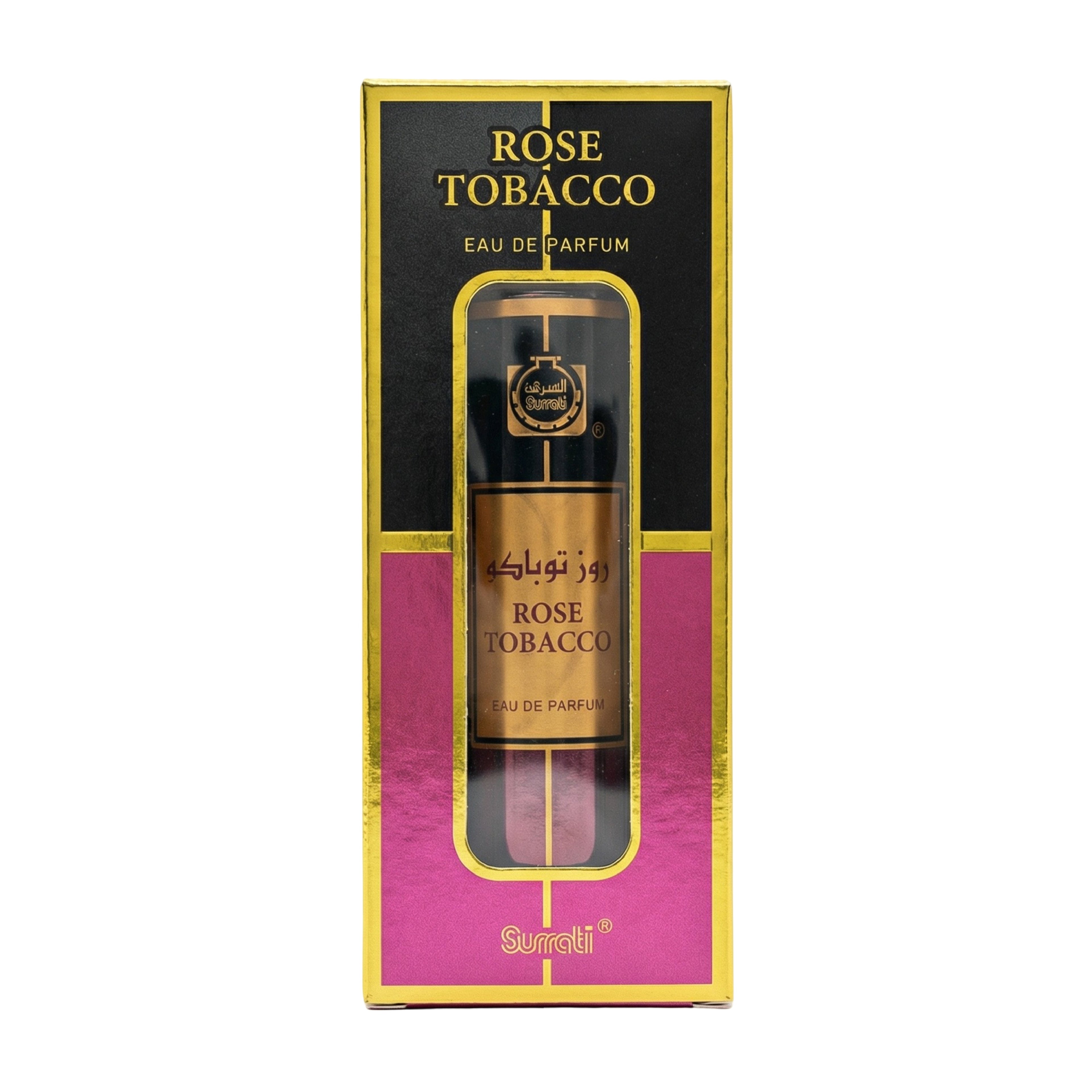 Sunati Rose Tobacco Eau de Parfum bottle presented inside its black and gold outer packaging box with a pink lower section.