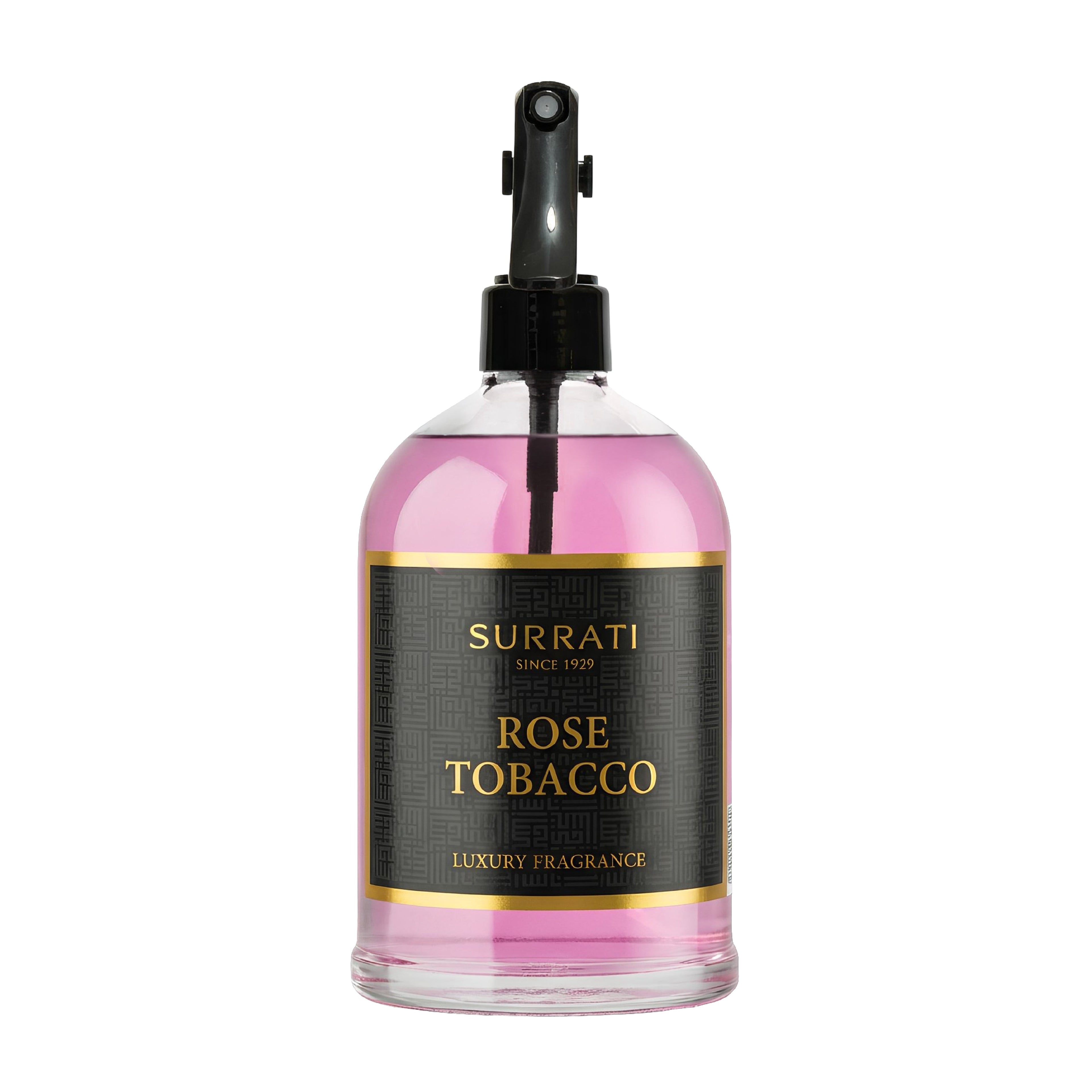 Surrati Rose Tobacco fragrance bottle with pink liquid on a white background