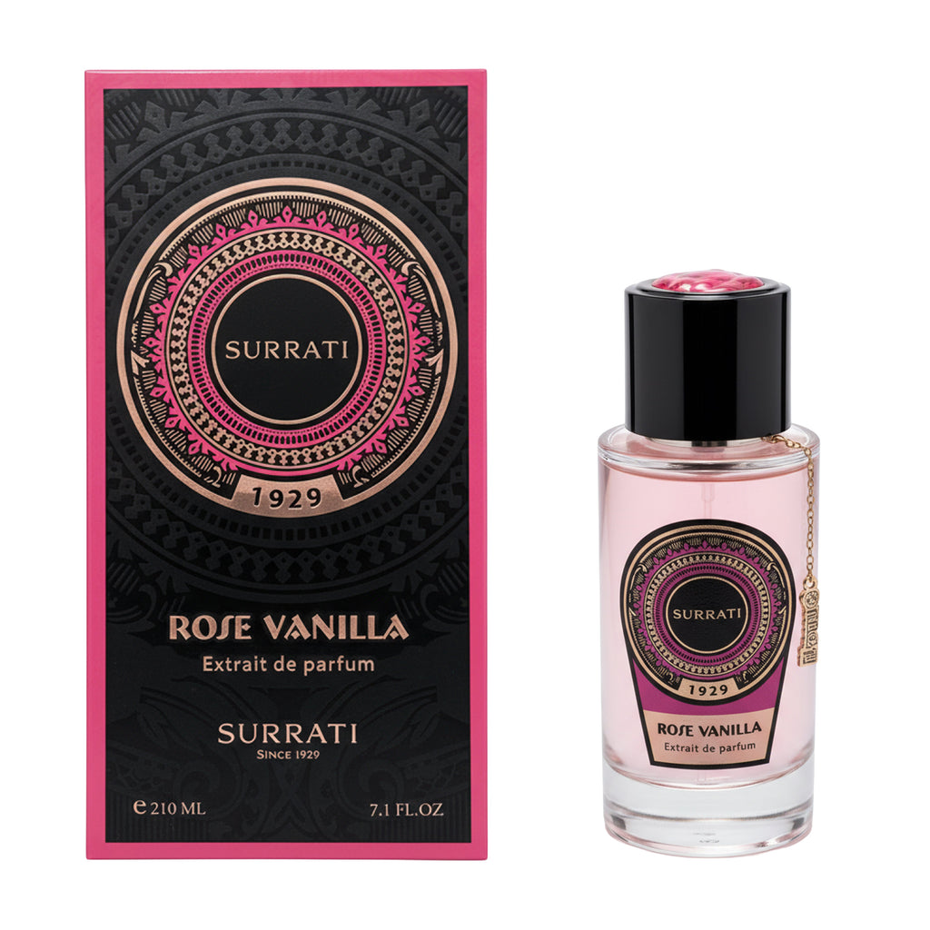 Surrati Rose Vanilla perfume bottle and packaging on a white background