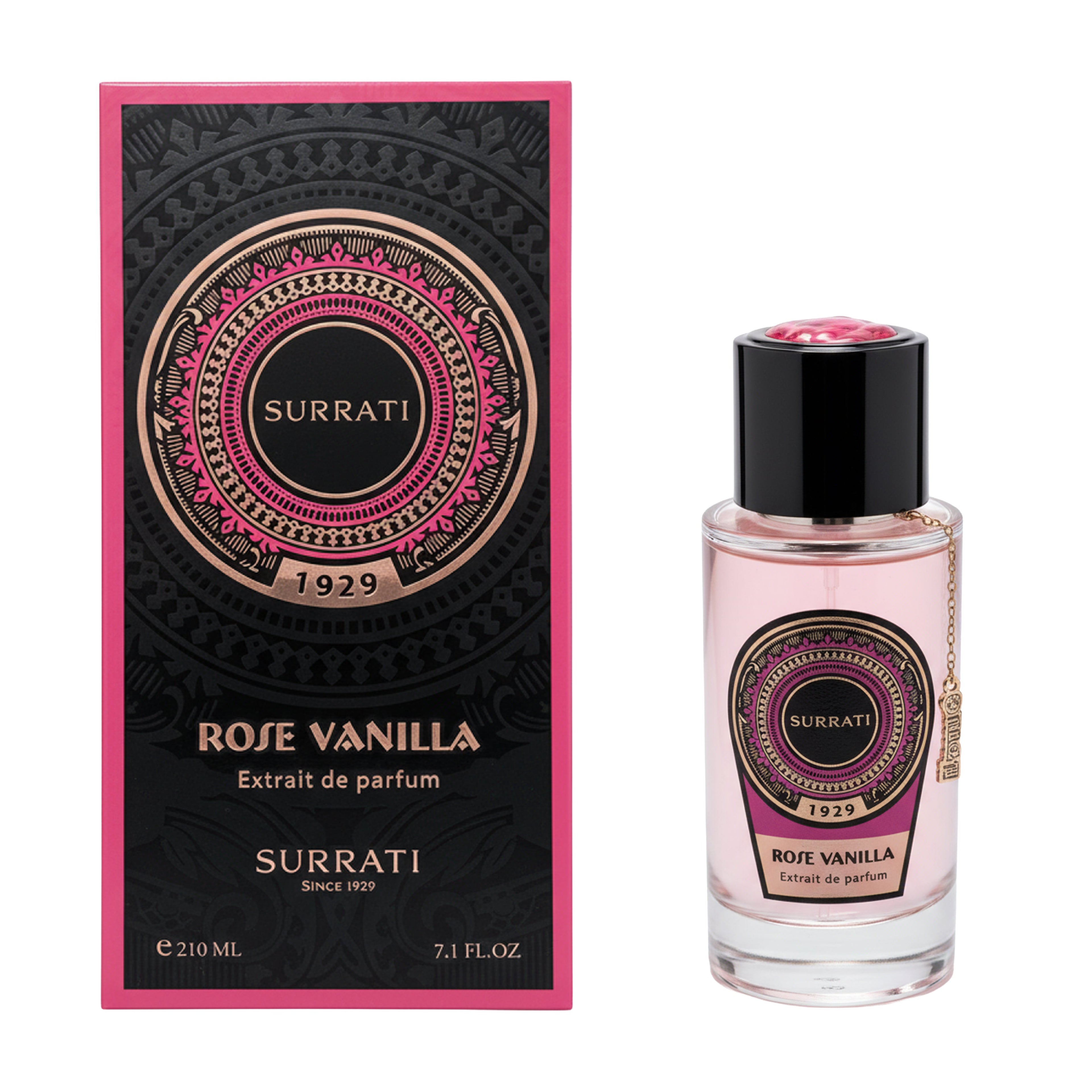 Surrati Rose Vanilla perfume bottle and packaging on a white background