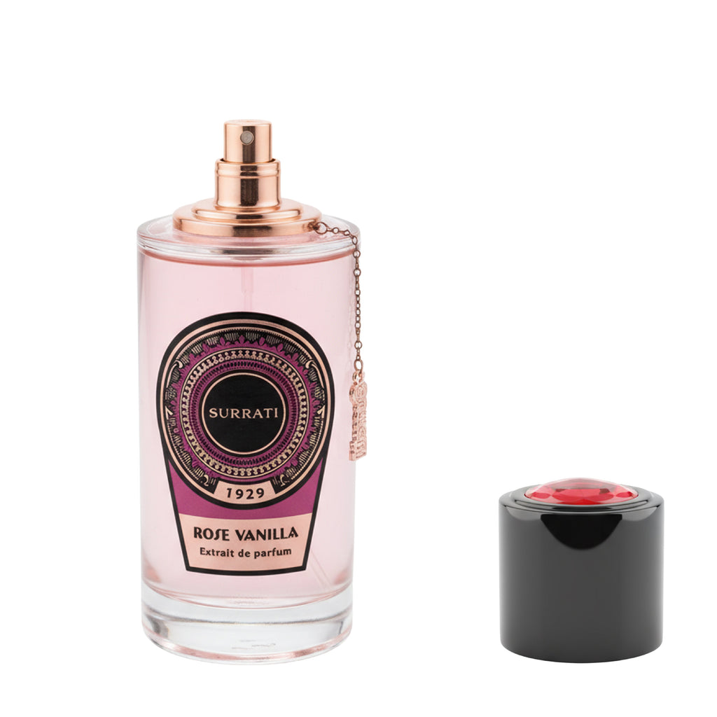 Surrati Roze Vanilla perfume bottle with pink cap on a white background