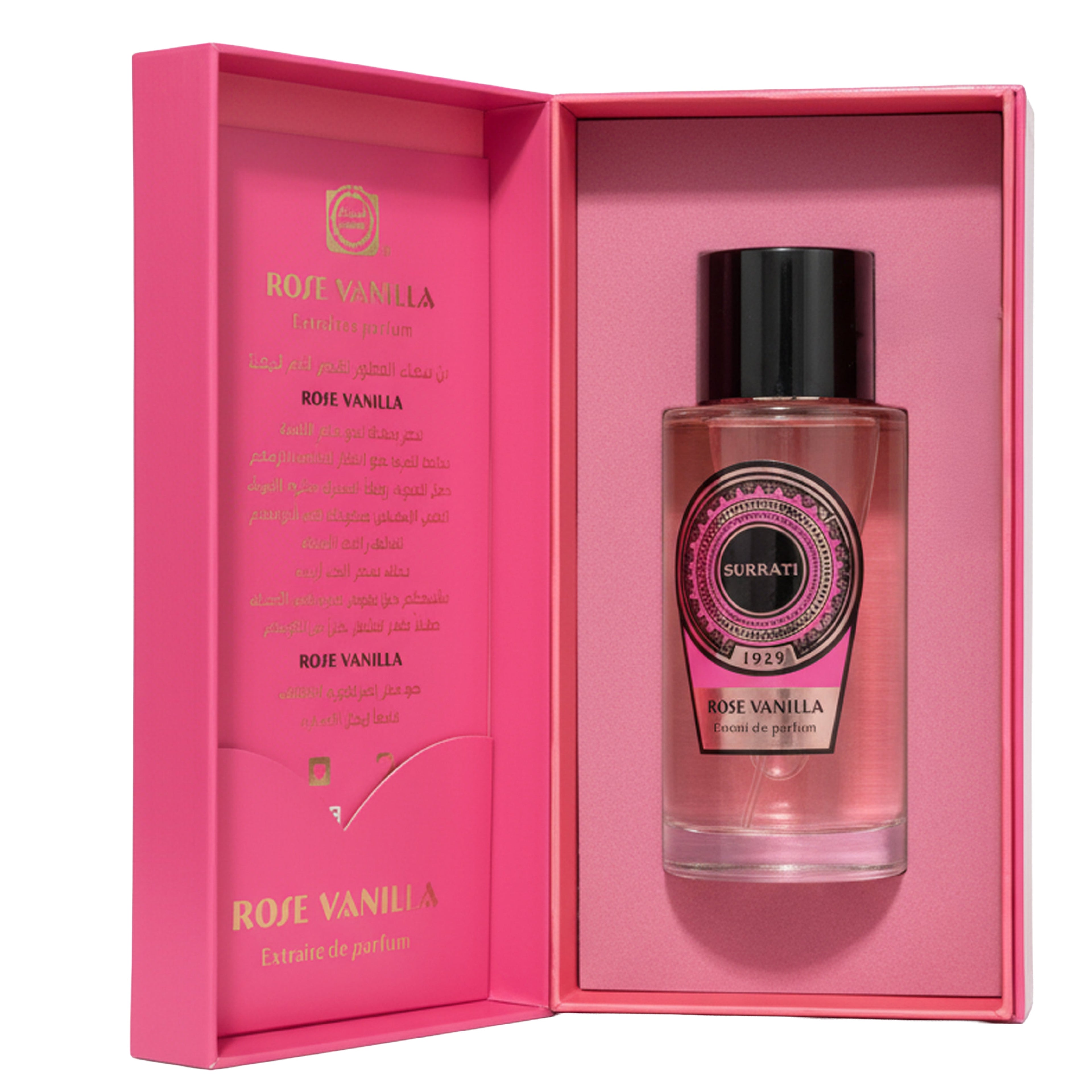 Burrati Rose Vanilla perfume bottle in a pink box on a white background
