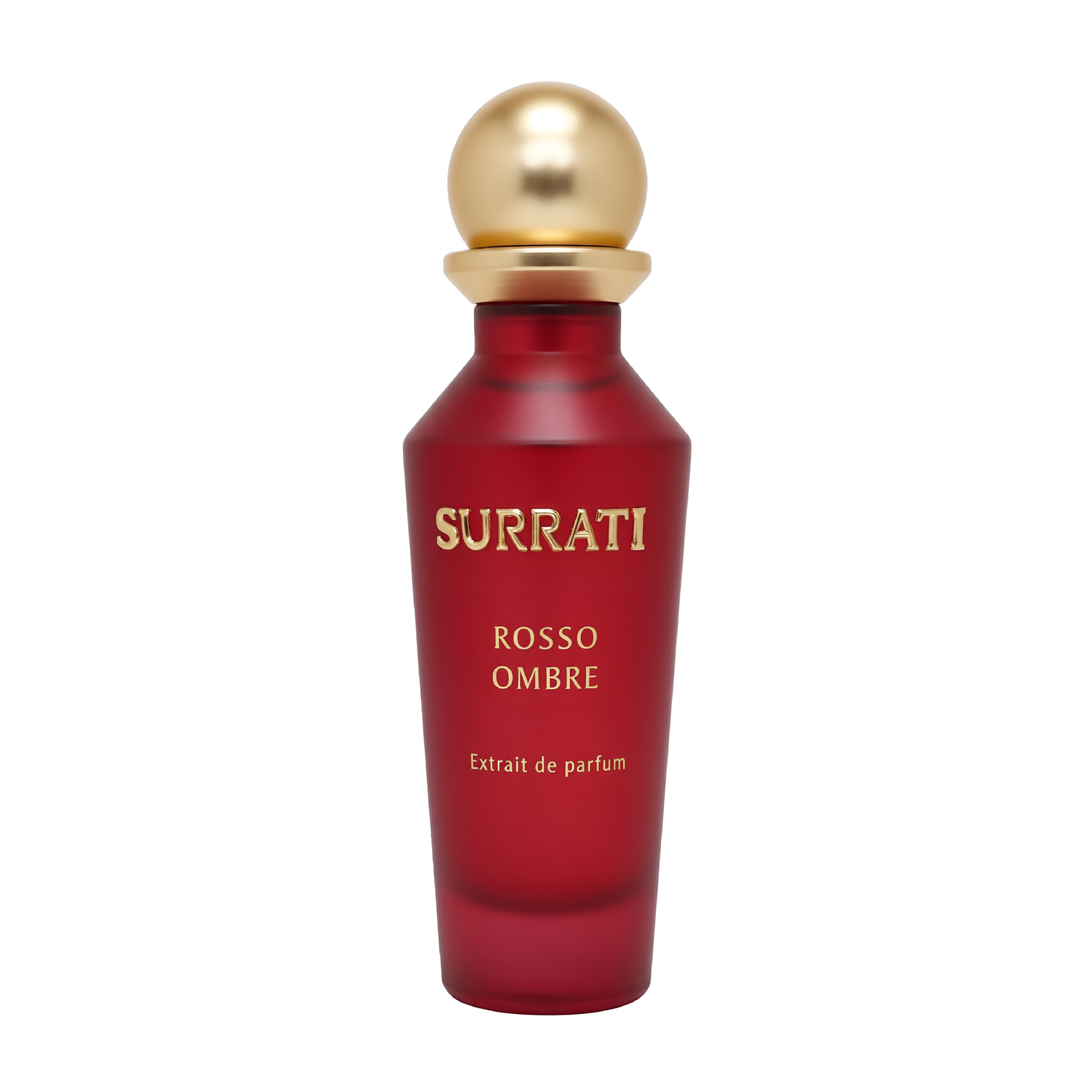 Red Surrati Rosso Ombre perfume bottle with gold cap on a white background