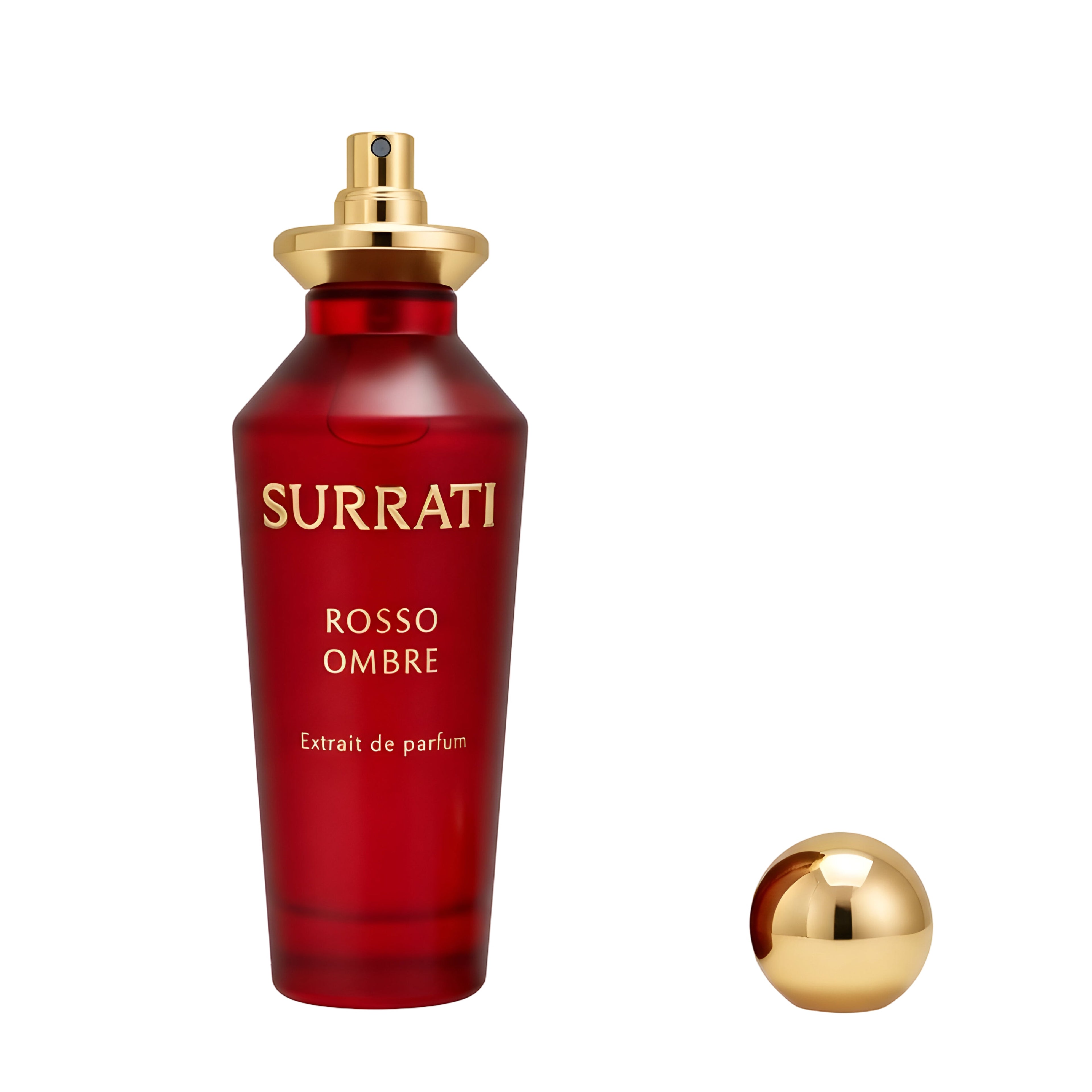 Red Surrati Rosso Ombre perfume bottle with gold cap on a white background