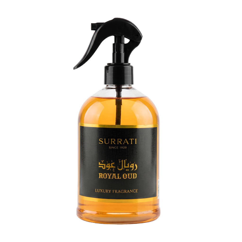 Surrati Royal Oud luxury fragrance bottle with spray nozzle on a white background