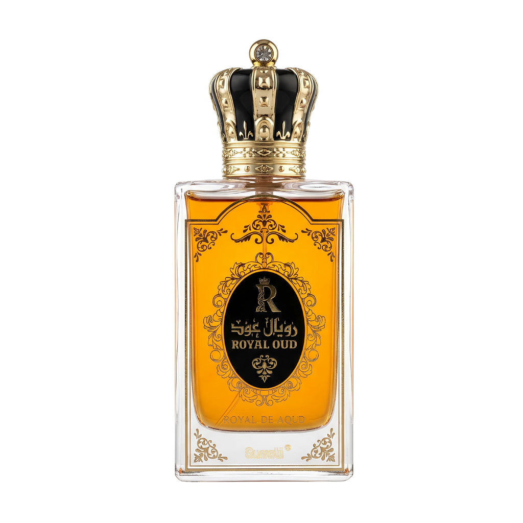 Perfume bottle with decorative crown on a white background