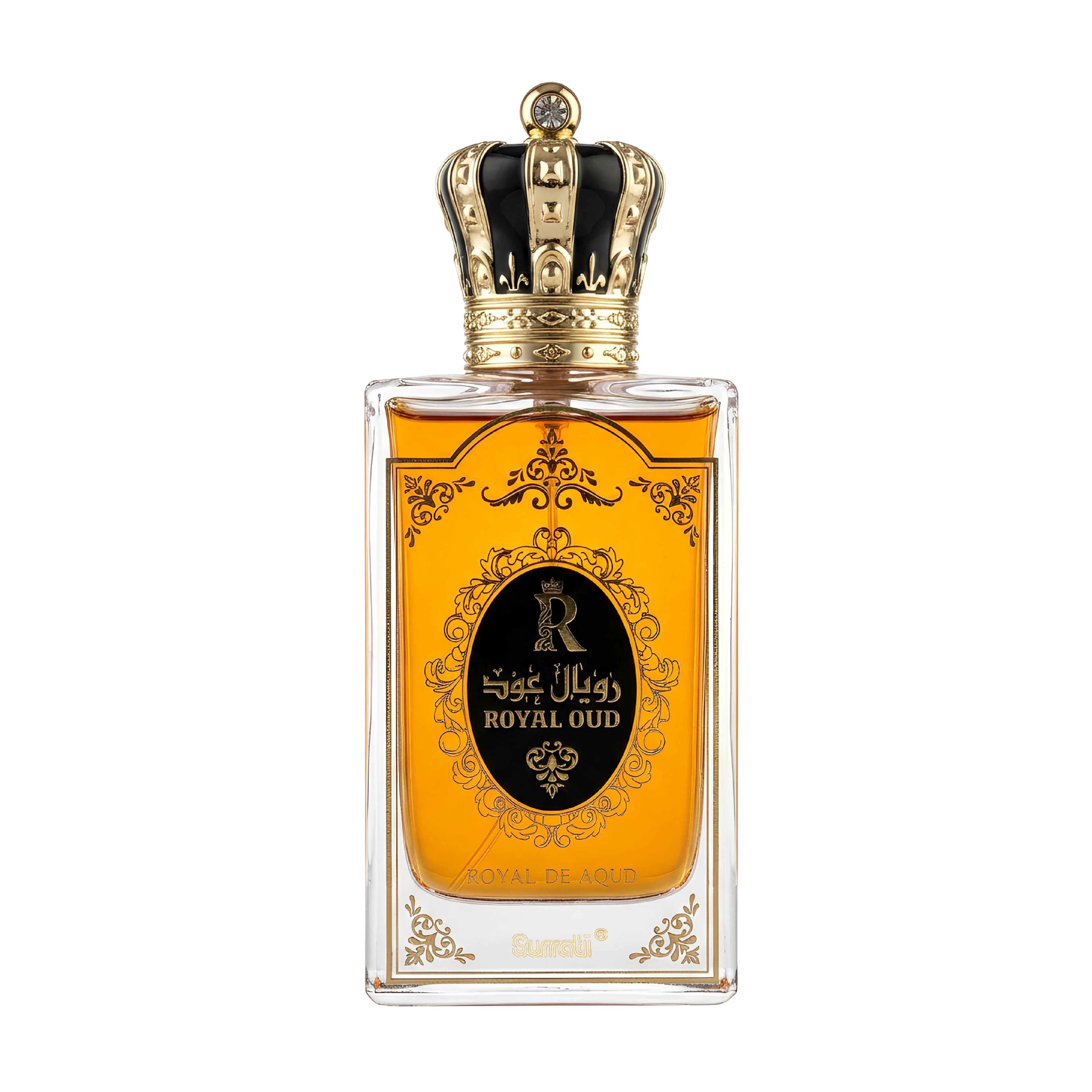Perfume bottle with decorative crown on a white background