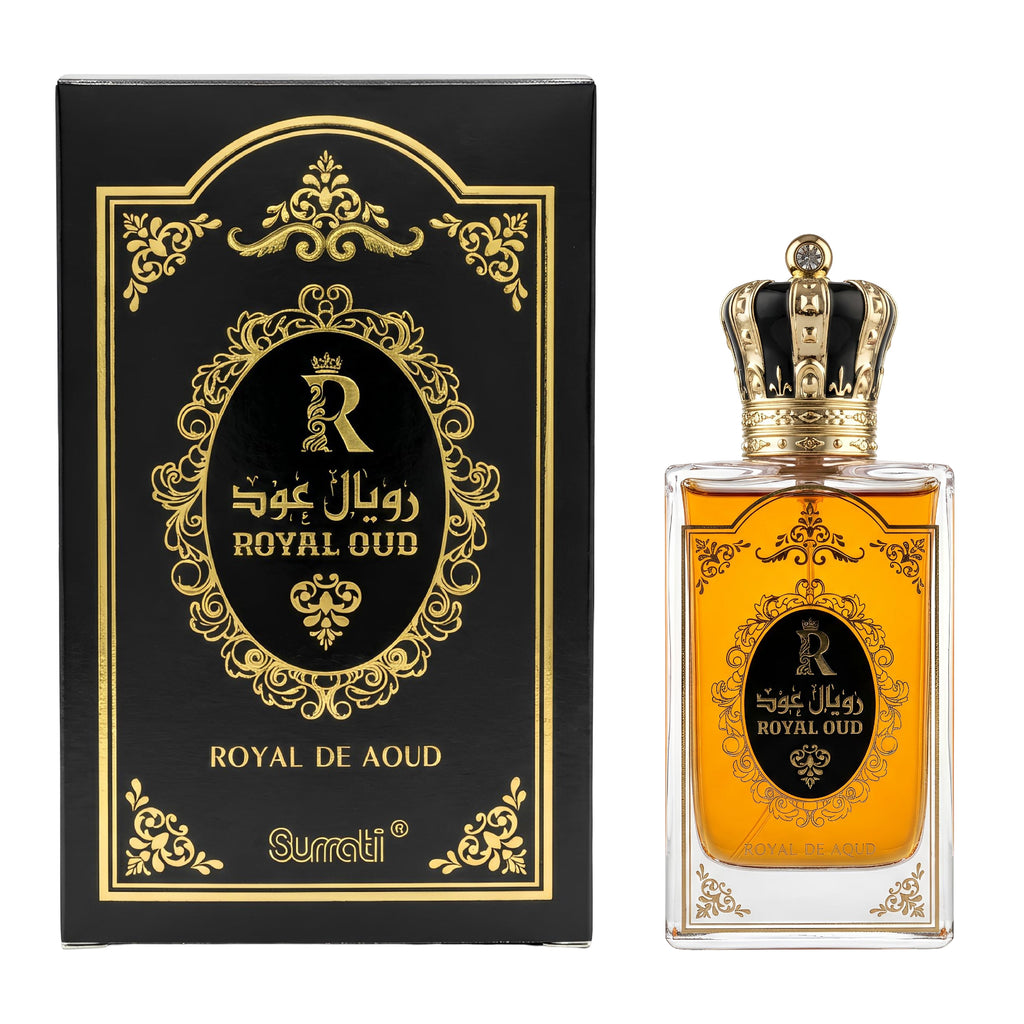 Royal Oud perfume bottle and packaging on a white background