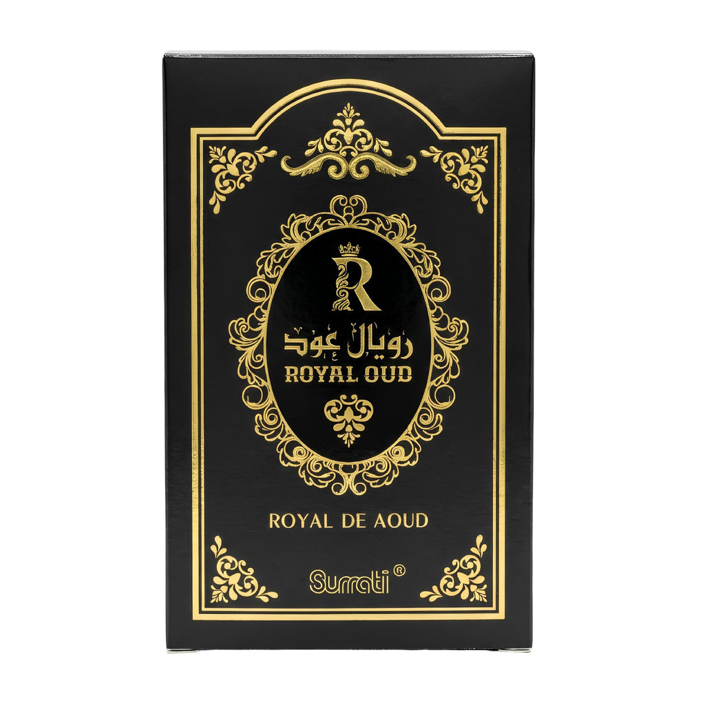 A rectangular black product box with ornate gold decorative borders and text reading 'ROYAL OUD' and 'ROYAL DE AOD', plus the Surati brand name, shown on a plain white background.