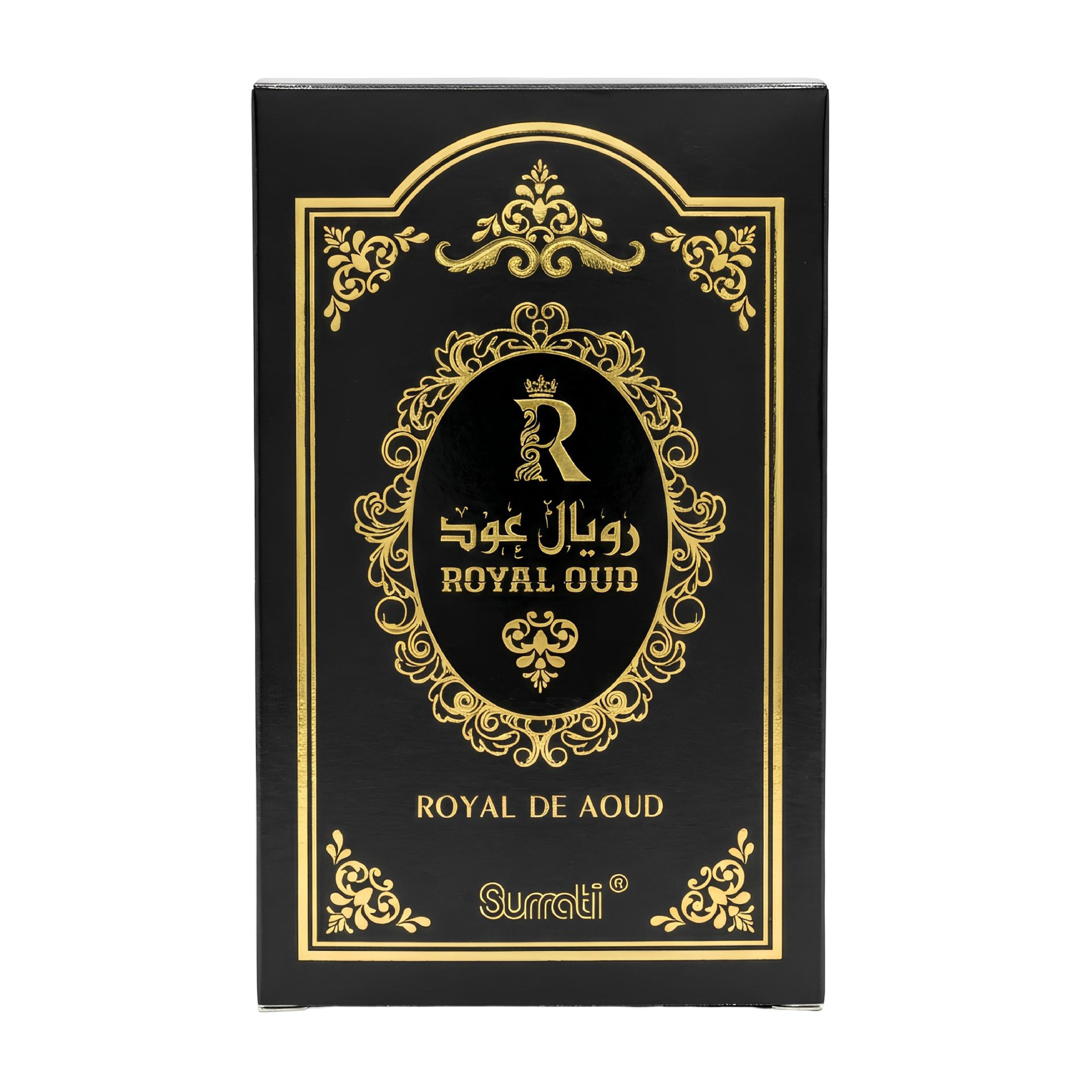 A rectangular black product box with ornate gold decorative borders and text reading 'ROYAL OUD' and 'ROYAL DE AOD', plus the Surati brand name, shown on a plain white background.