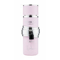 Pink skincare bottle with silver cap on a white background
