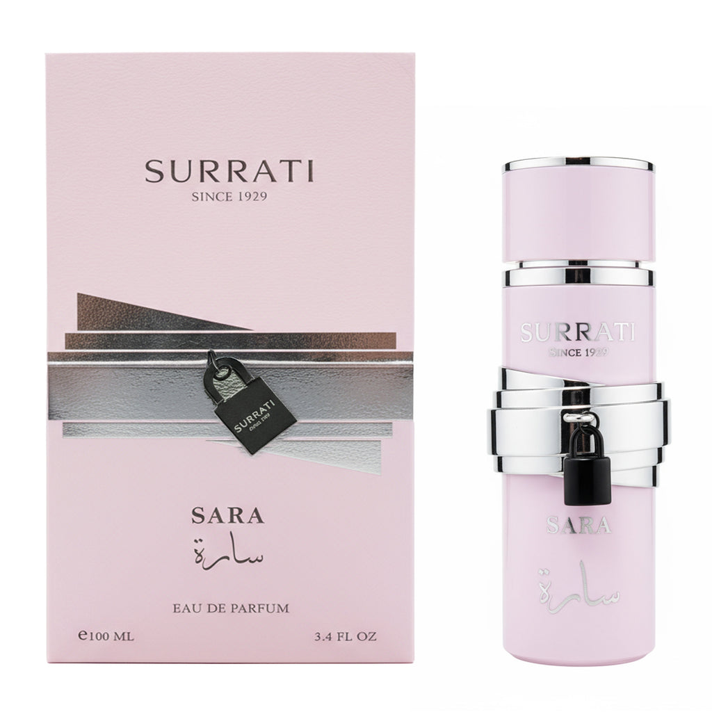 Surrati Sara Eau de Parfum packaging with pink bottle and box on a white background