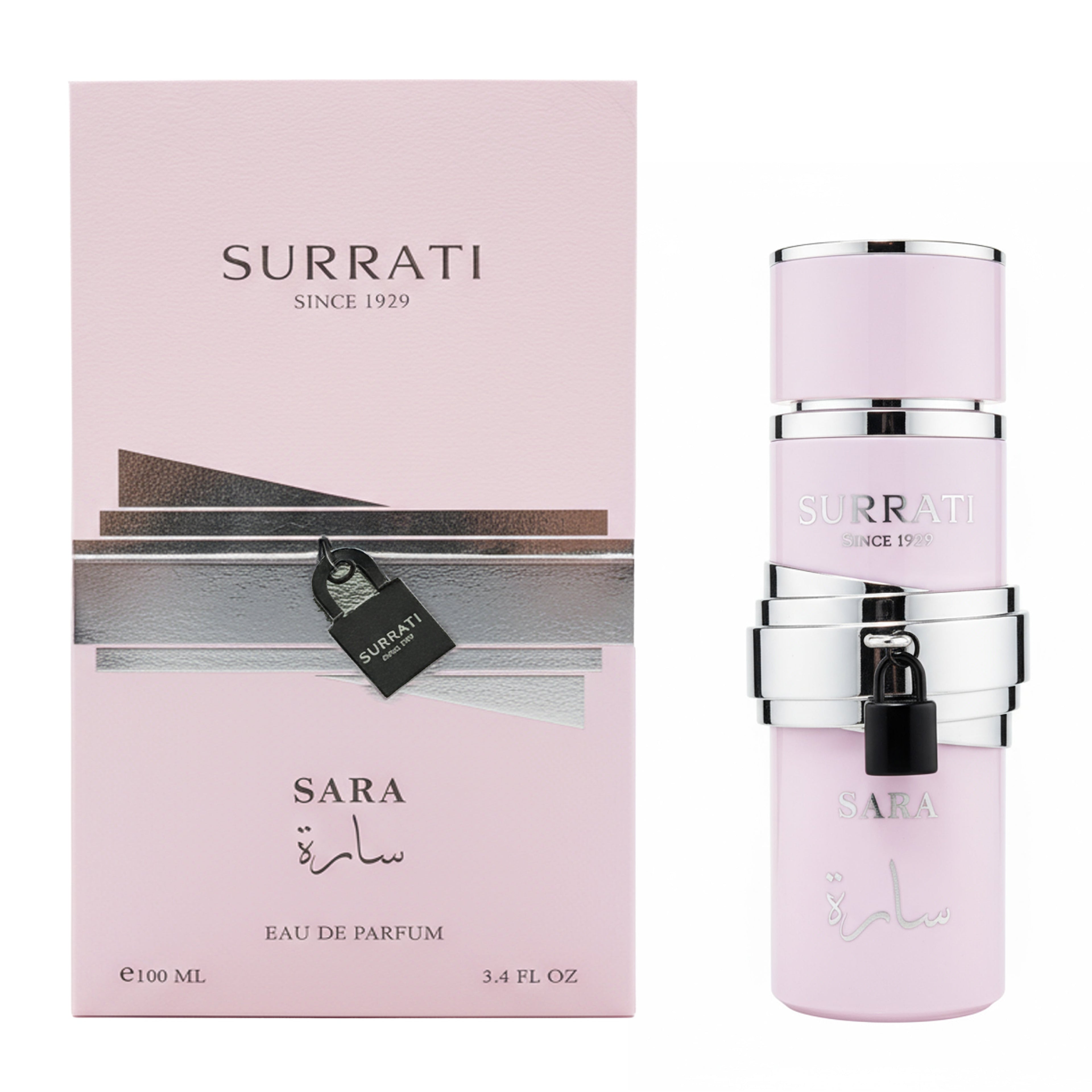 Surrati Sara Eau de Parfum packaging with pink bottle and box on a white background