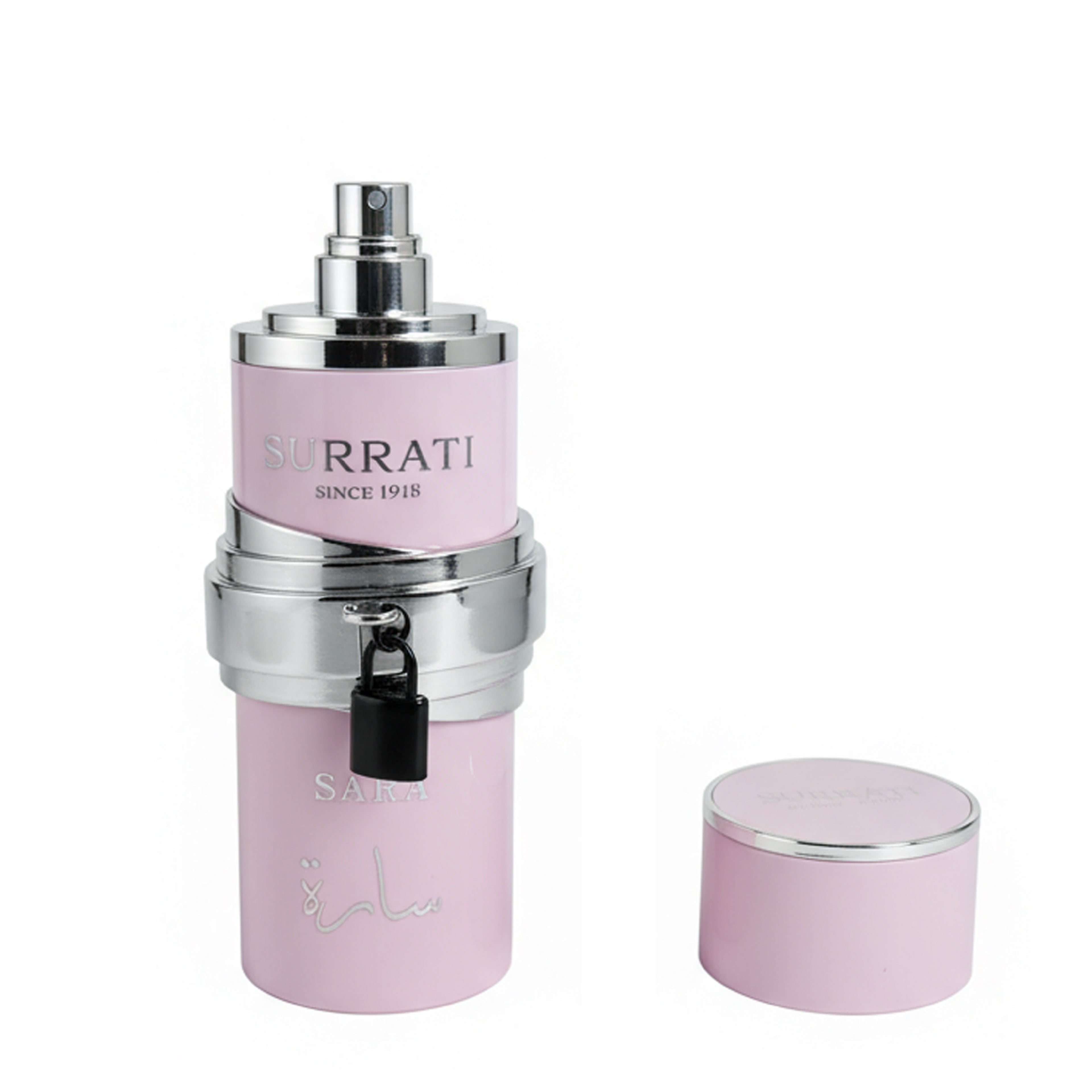 A pink Surrati perfume bottle with a silver spray mechanism and a separate matching pink cap, shown on a plain white background.