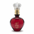 Red perfume bottle with decorative cap on a white background