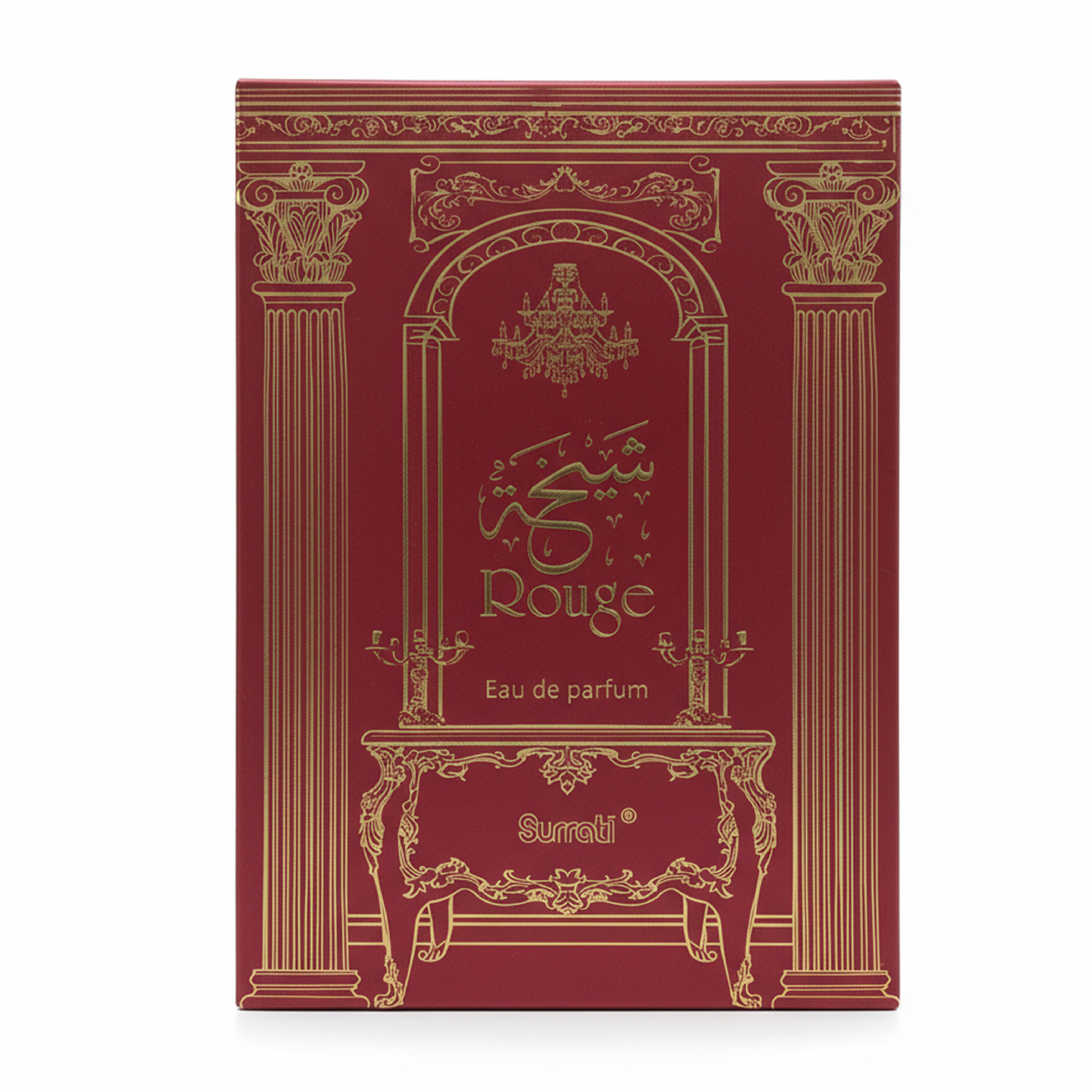 Red and gold packaging of Surrati Rouge Eau de Parfum on a white background