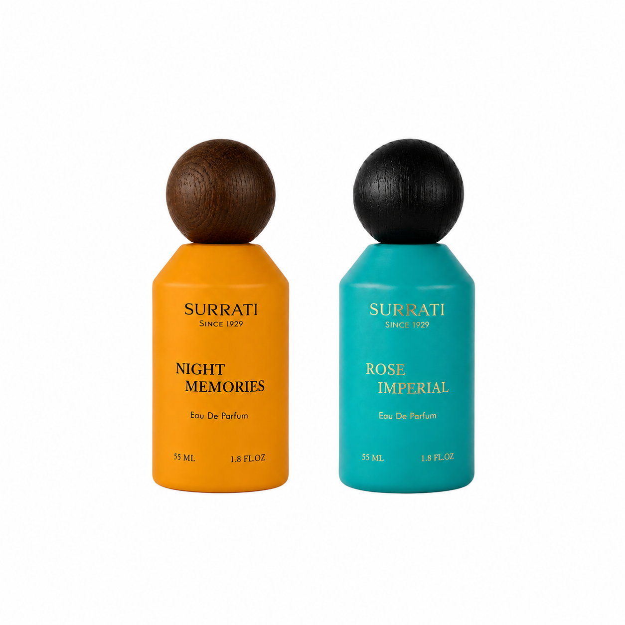 Two Surrati perfume bottles on a white background, one in orange with a dark brown wooden cap and labeled 'Night Memories', and one in teal with a black wooden cap and labeled 'Rose Imperial'.